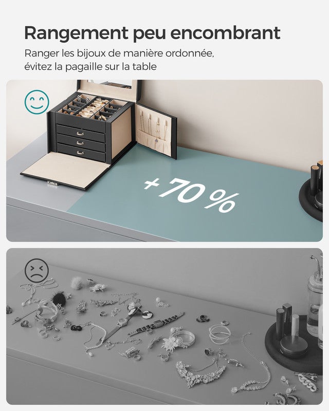 Boîte à Bijoux 4 Niveaux, avec Poignées, 3 Tiroirs, Miroir, Serrure, Rangement Bijoux pour Voyages, Surface Noir d'Encre, Doublure Beige Sable - 7