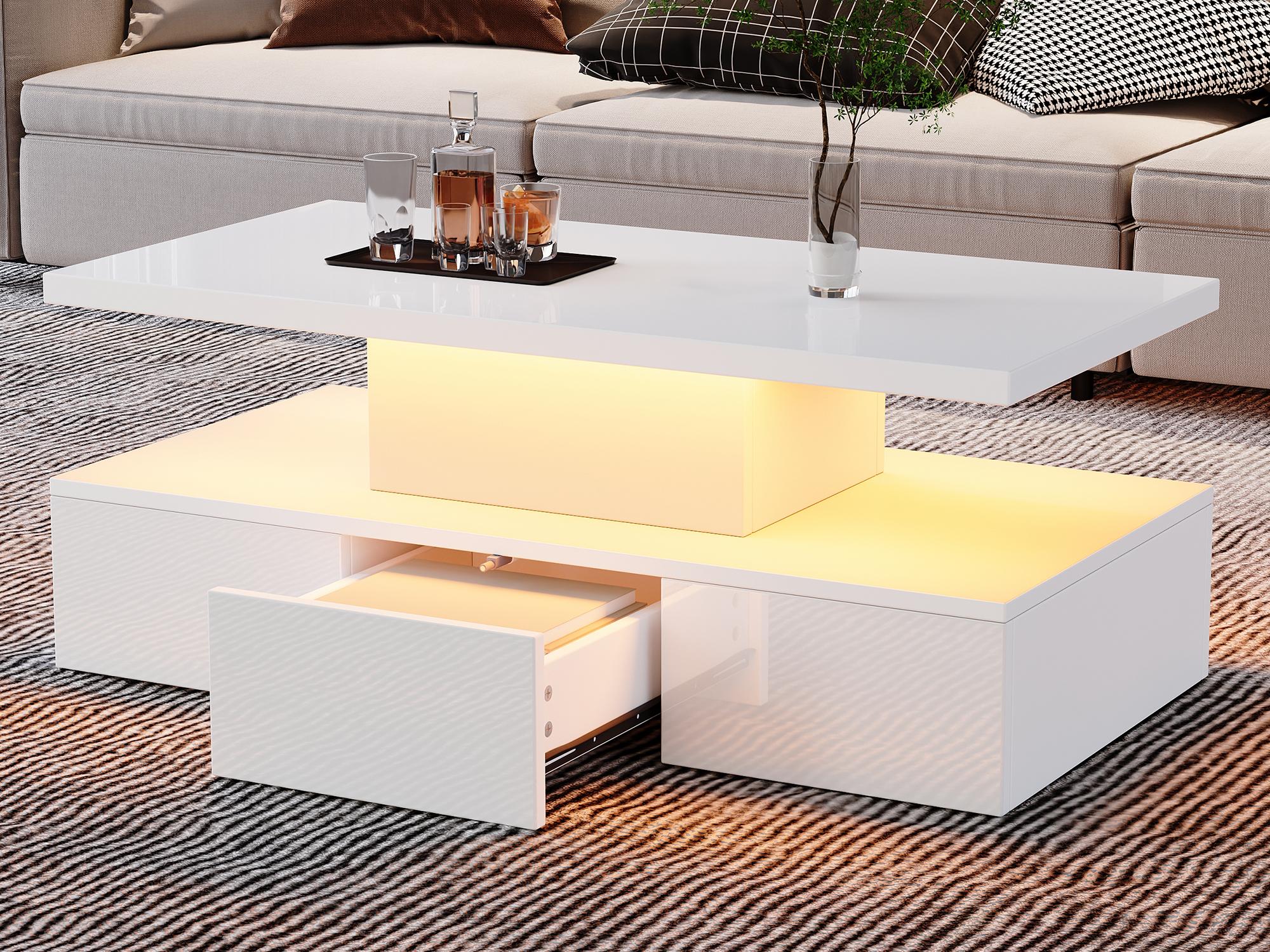 Stolik kawowy z połyskiem 100x50x39 cm - z 1 szufladą - Oświetlenie LED - Otwarta przestrzeń do przechowywania - Biały