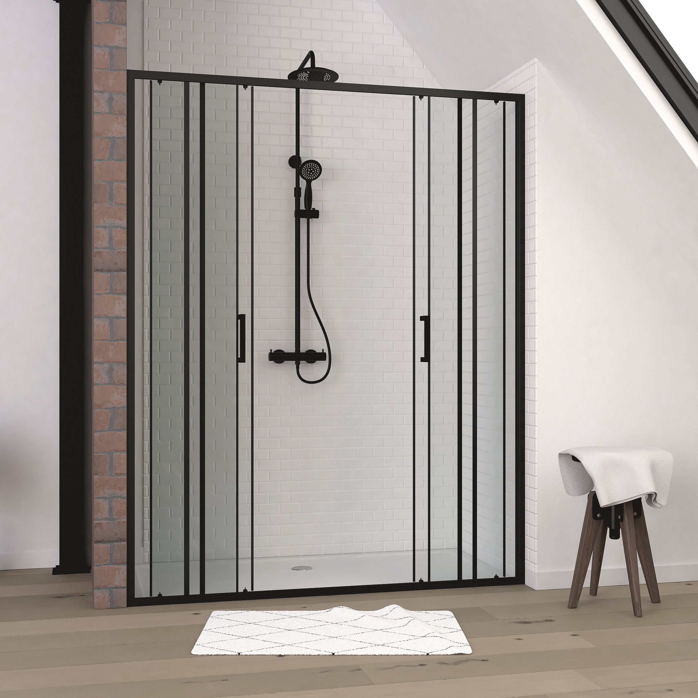Porte de douche 2 portes coulissantes 160x200 cm - Verre sérigraphié - Profilé Noir - CRUSHX - 2