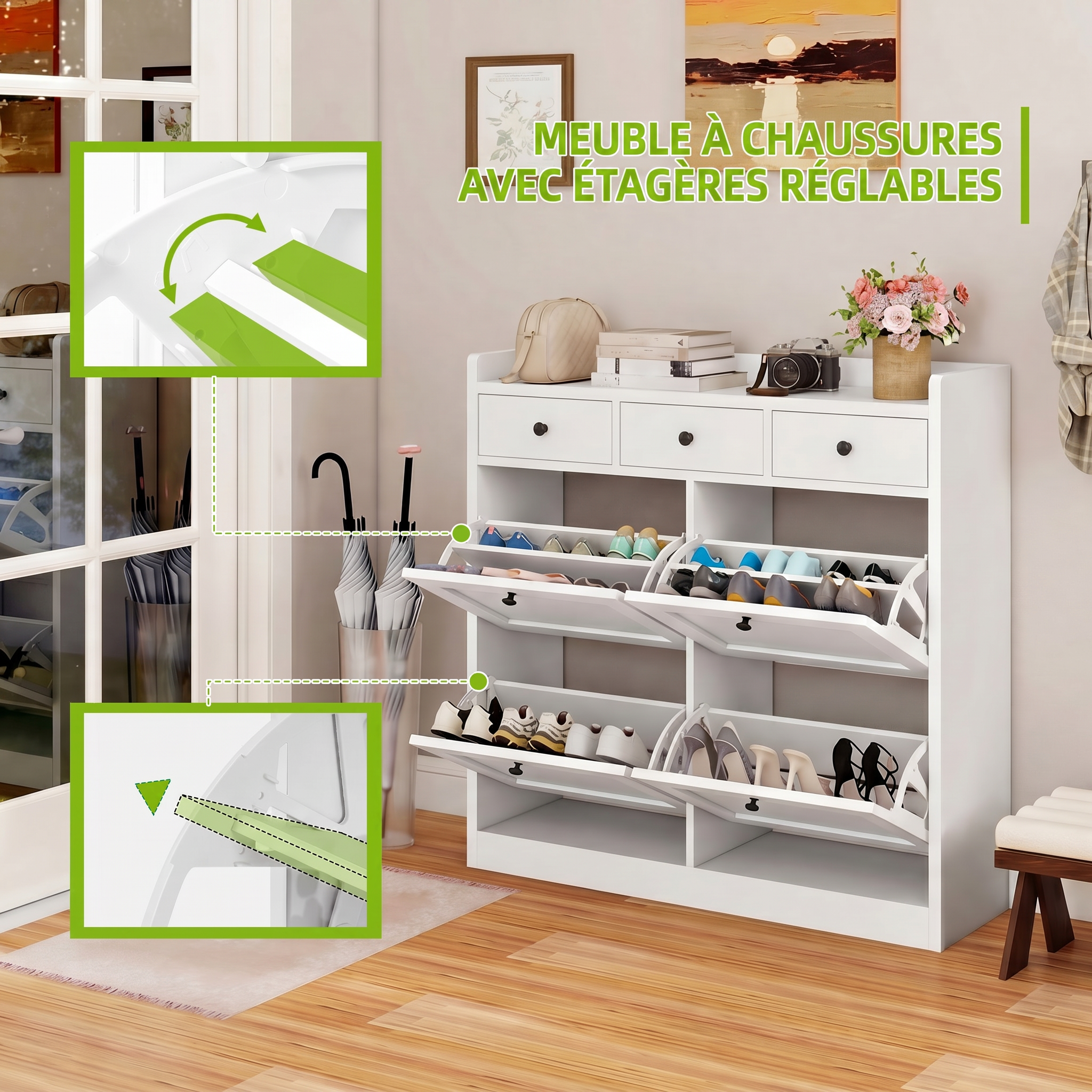 Meuble à chaussures YITAHOME pour 24 paires de chaussures, 4 tiroirs dont 3 en tissu, 25 x 100 x 85 cm (H), blanc - 6