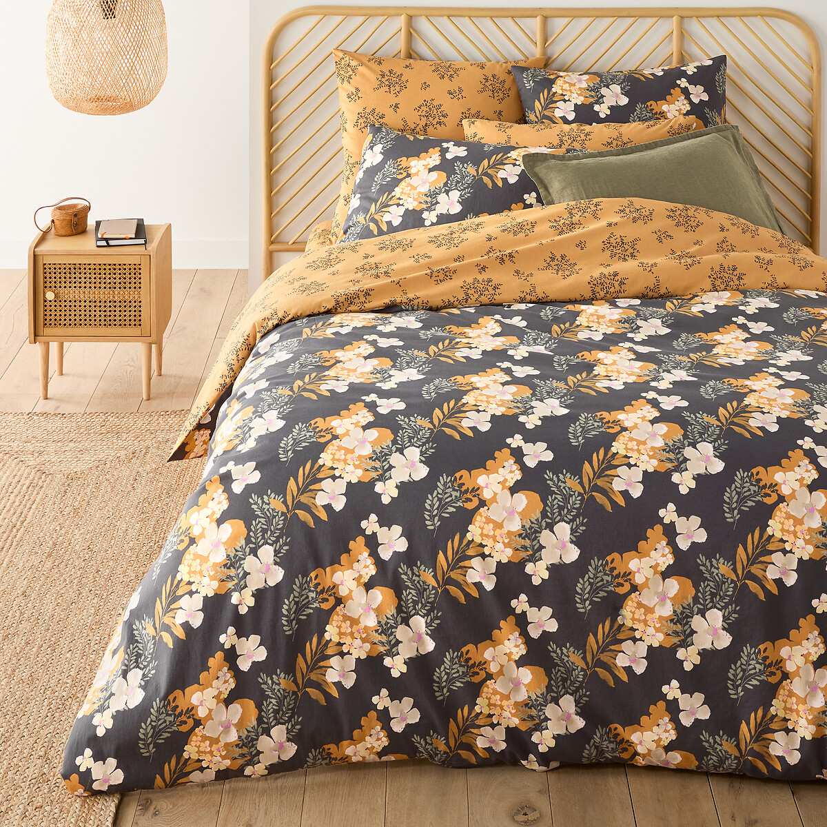 Housse de couette coton lavé, Shabby - Imprimé fond gris - 200 x 200 cm