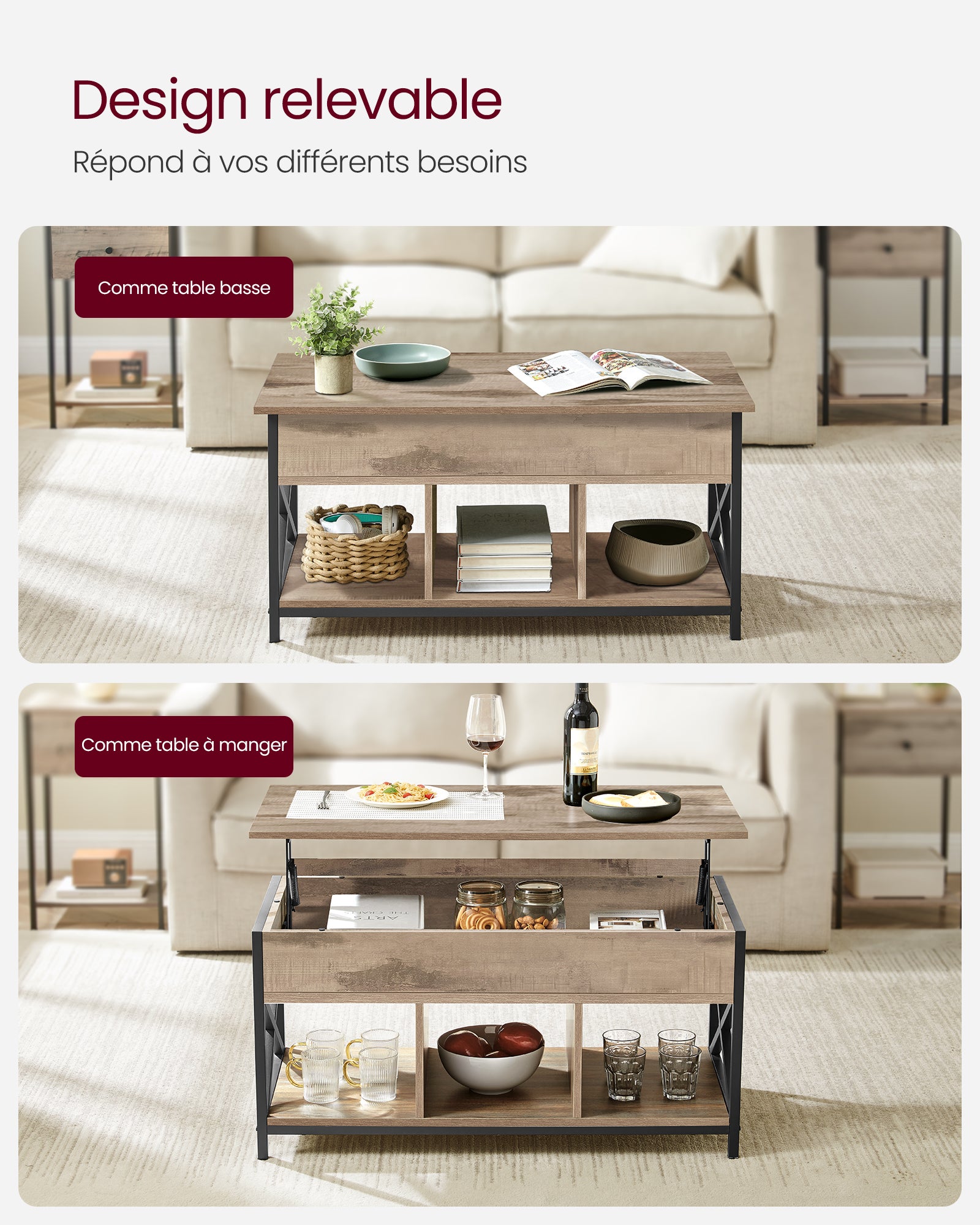 Table Basse, Relevable, Table Basse avec Rangement Caché et Compartiments Ouverts, Cadre en Acier, 50 x 100 x (46,5-62) cm, Marron Camel et Noir - 3