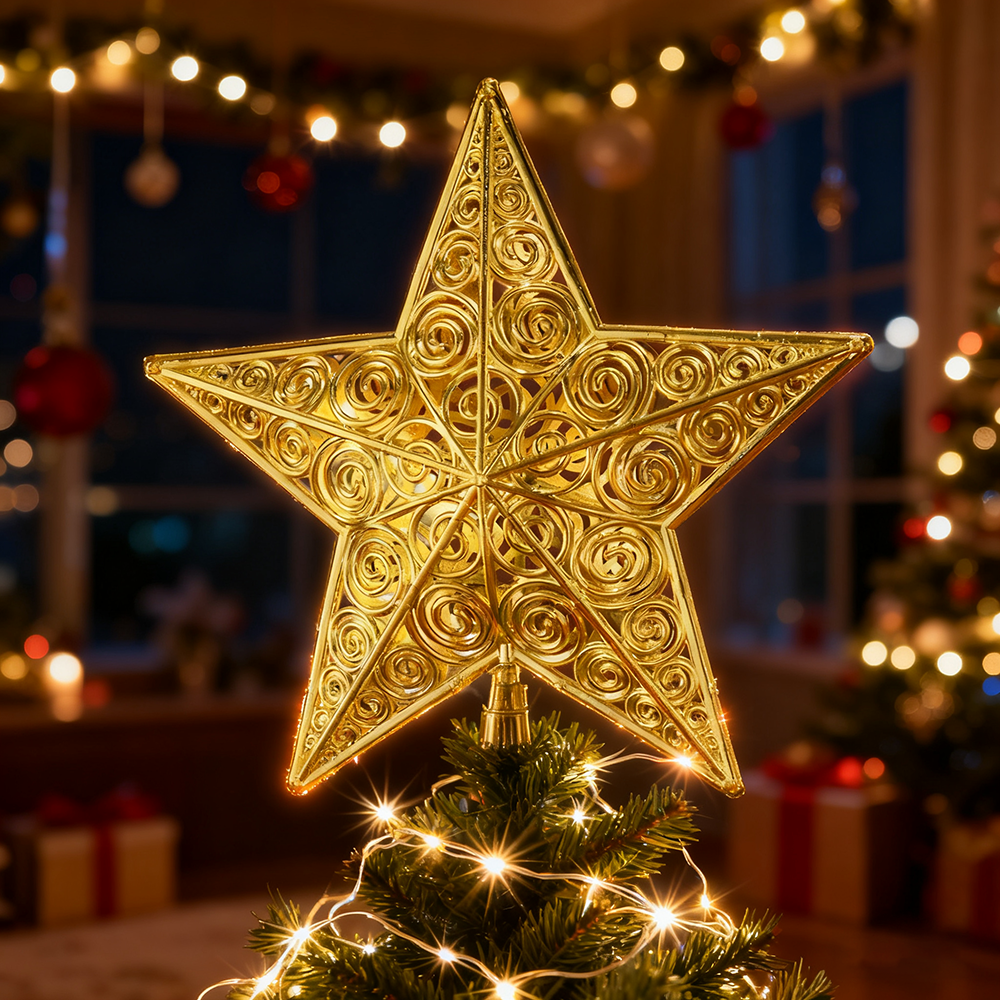 Estrela de árvore de Natal, decoração de Natal, tampo de árvore de Natal, decoração de estrela oca, 20 cm x 22 cm - 2