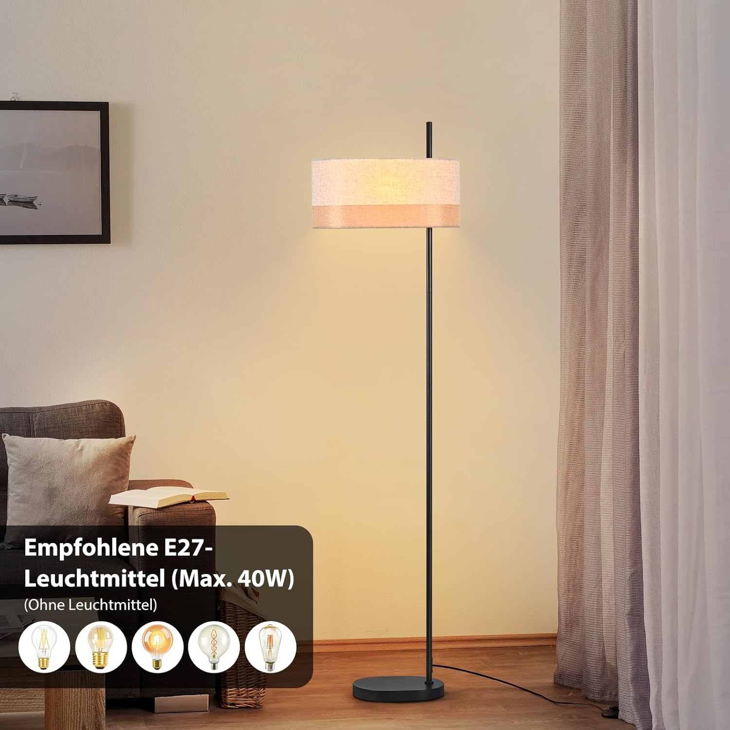 Nettlife Lampa Podłogowa Vintage Biała Tkanina E27, Włącznik Nożny, Rustykalna do Salonu i Sypialni (Brak żarówki) - 2