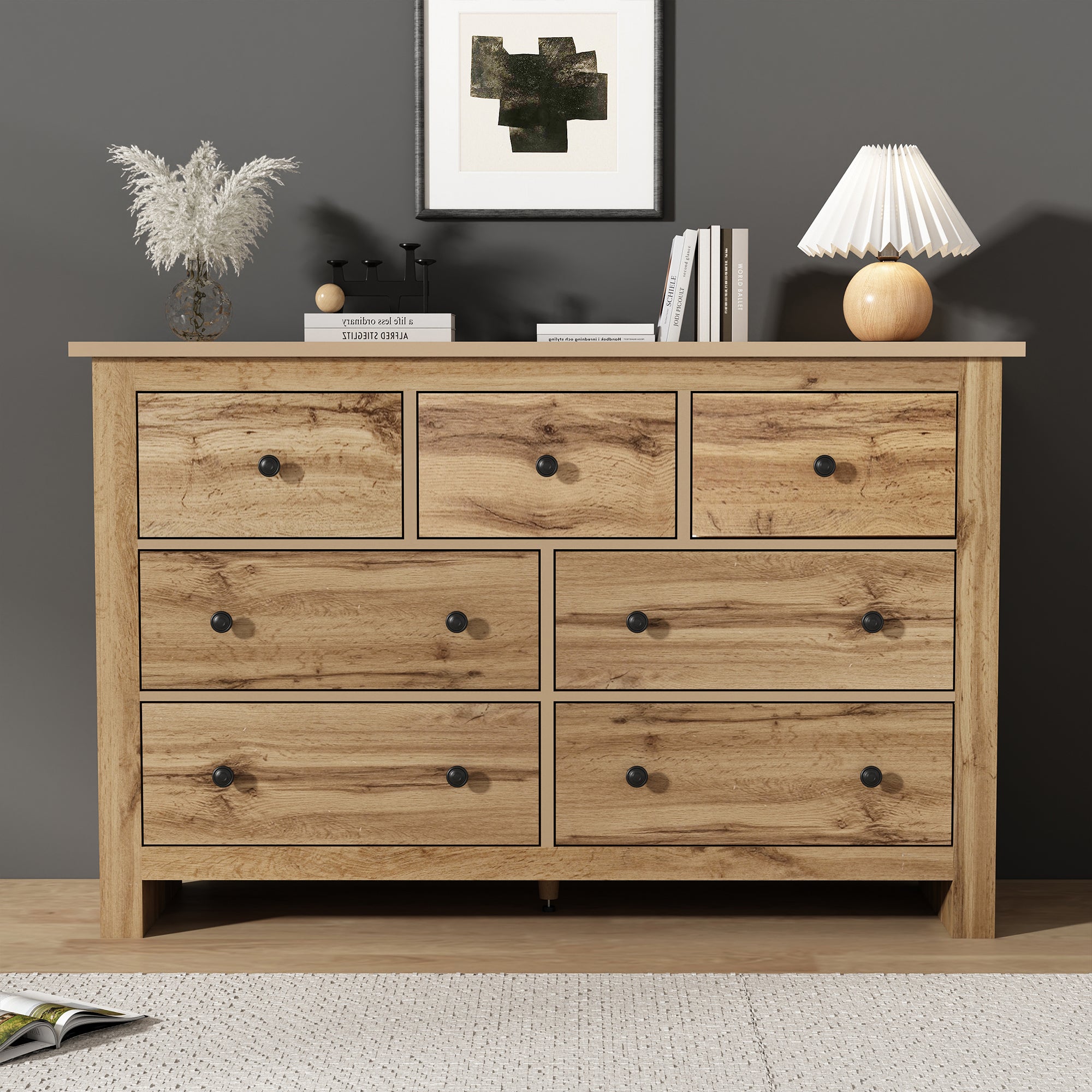 Commode 7 Tiroirs Bohème – Meuble Rangement Tissu Vintage + Plateau Bois – Structure Métal – Salon, Chambre, Entrée, Bureau