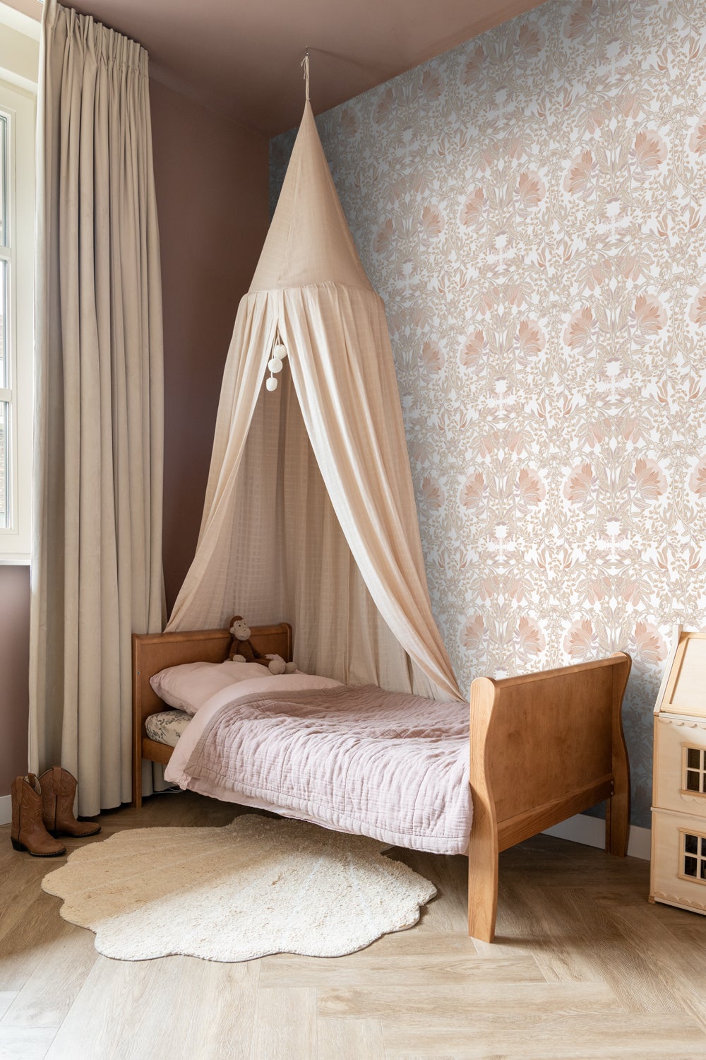 Papier peint fleurs vintage de style art nouveau sable beige et terracotta claire - 53 cm x 10.05 m - ESTAhome - 3