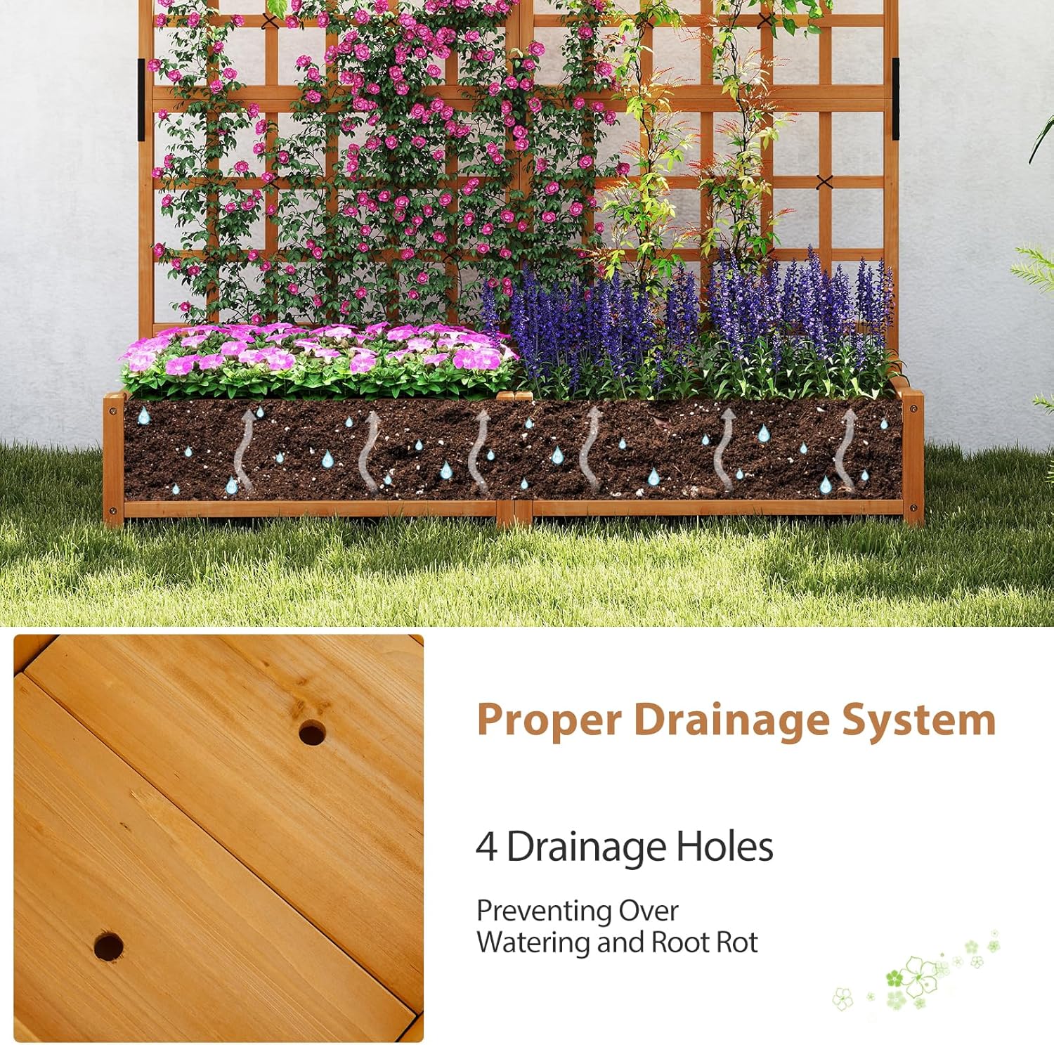 Jardinière avec 2 Treillis 2 Bacs Toit Suspendu en Bois, Lit de Jardin Surélevé pour Plante Grimpante, Orange (180 x 48 x 183 cm) - 6
