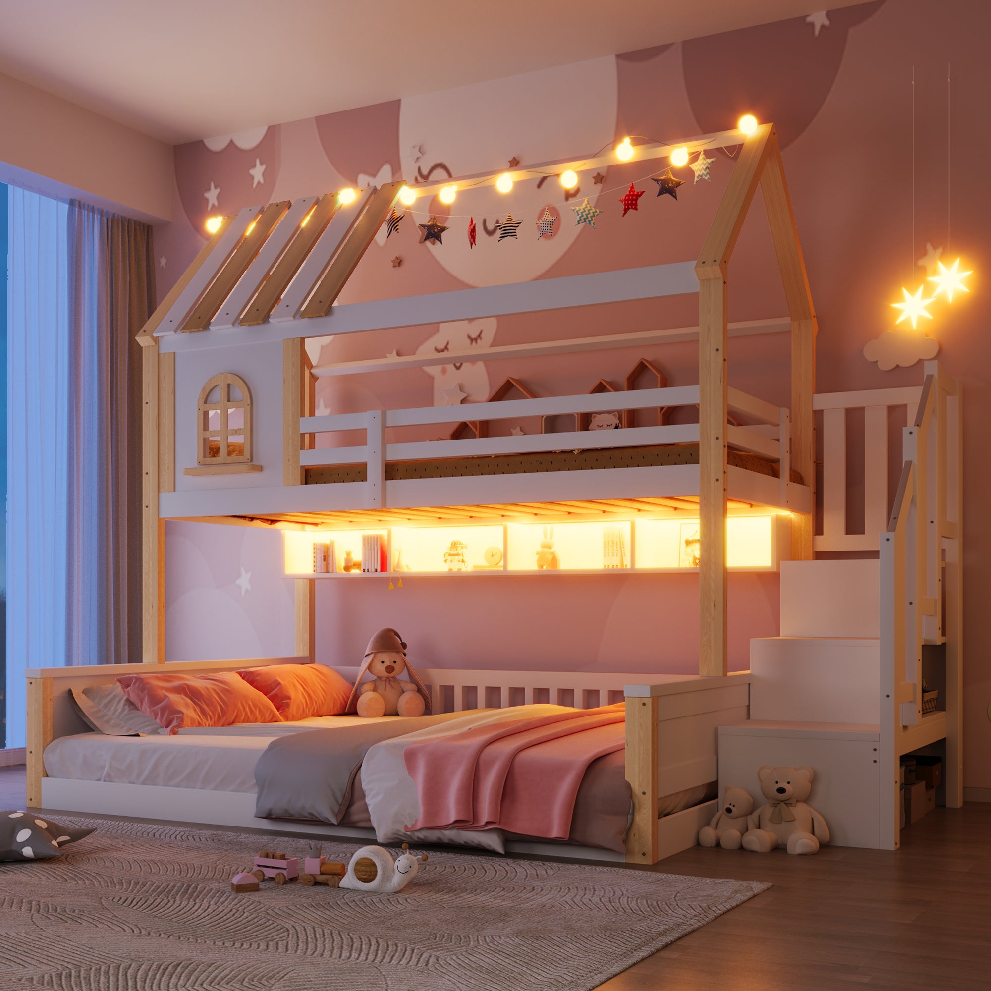 Łóżka piętrowe 90 x 200 cm + 140 x 200 cm z przegródkami i okienkami - Sosna + MDF + sklejka - Białe i naturalne (Materace nie są wliczone w cenę)