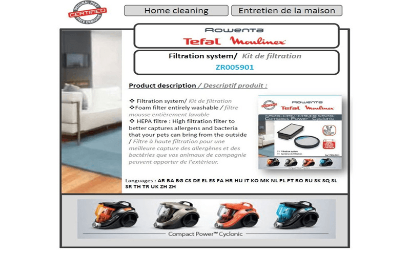 Kit filtration (Zr005901) Aspirateur Moulinex, Rowenta, Tefal - 4