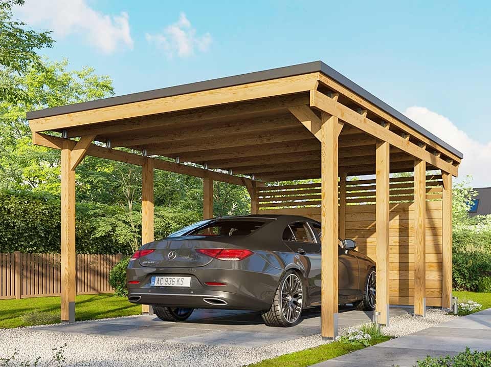 Carport Bois CASTELLANE 373X555 Panneau de Fond Intégré Toiture en