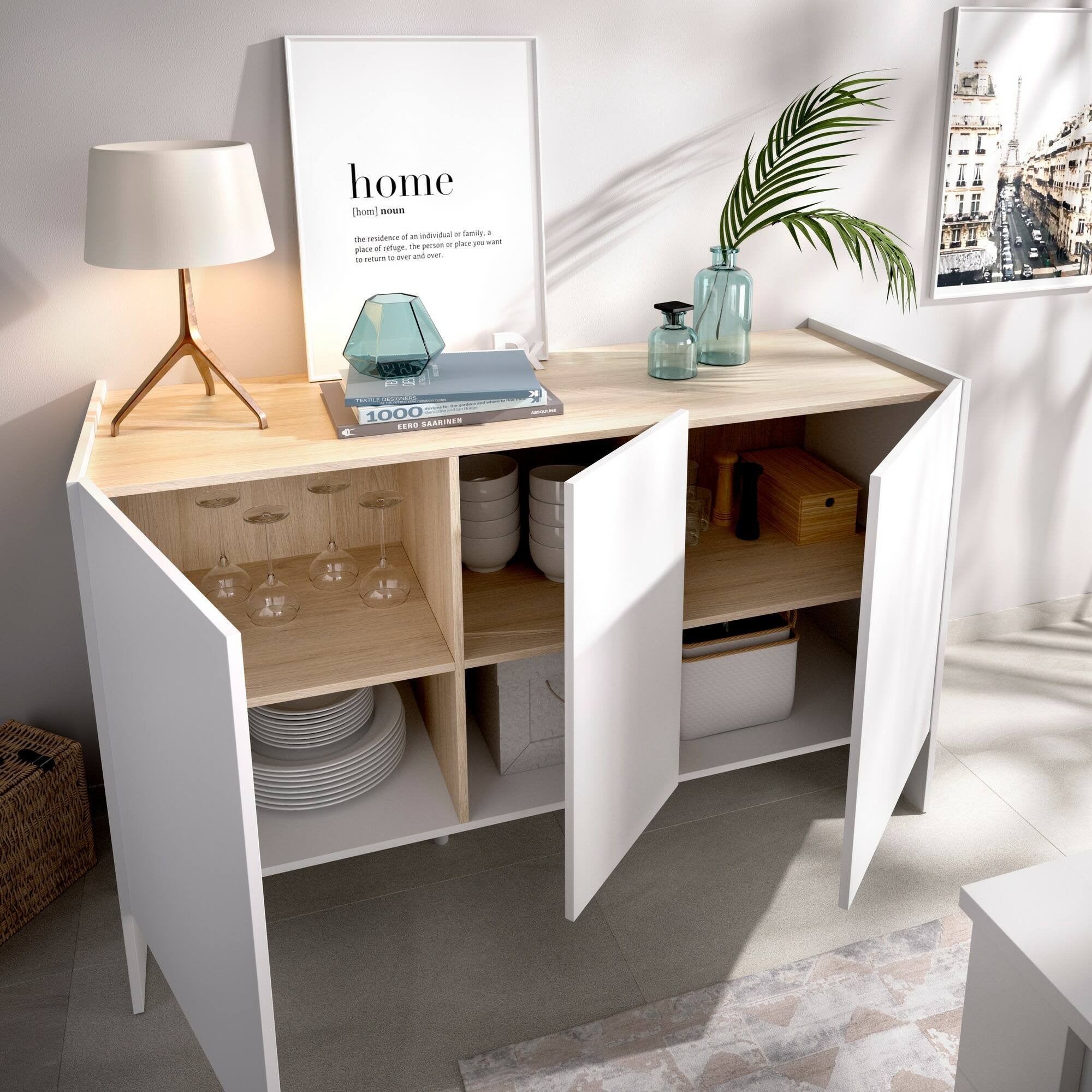 Credenza Calino, Buffet da soggiorno, Madia moderna da salotto a 3 ante, 138x42h76 cm, Bianco e Rovere - 4