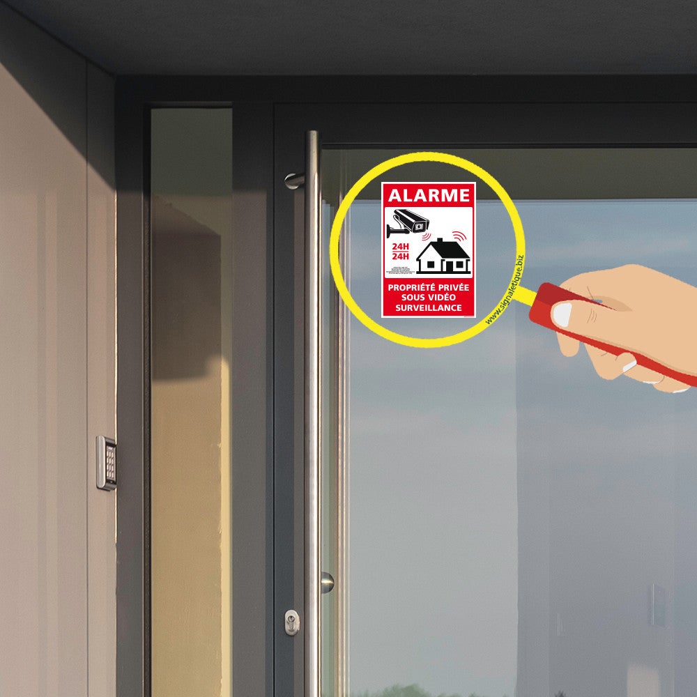 Lot de 4 panneaux alarme propriété privée sous vidéo surveillance 24h/24 signalisation avec loi - Adhésif - 75 x 105 mm - 2