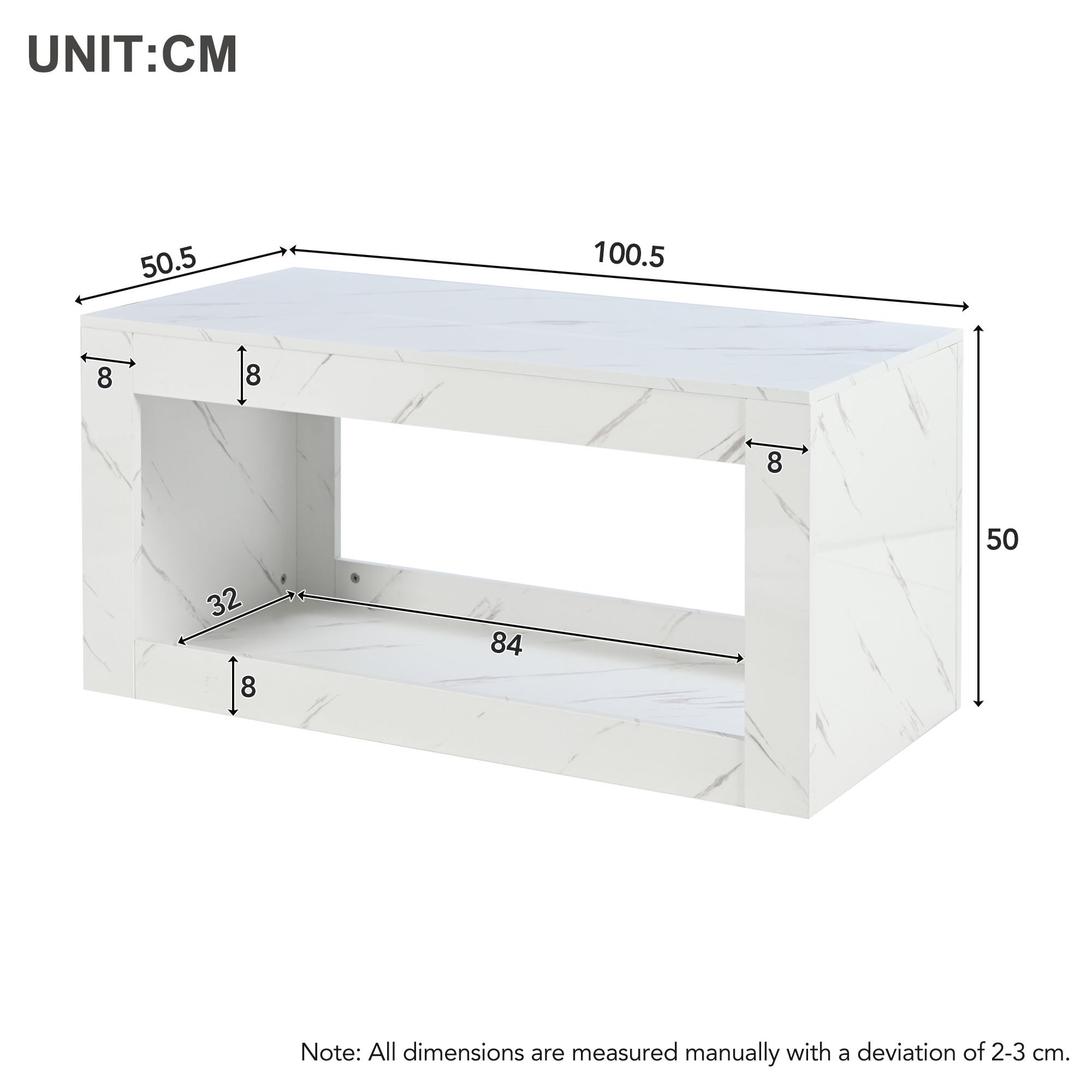 Stolik kawowy z otwartą przegrodą - 100 x 50 x 50 cm - Płyta wiórowa - Diody LED - Wzór marmurowy - Biały - 2