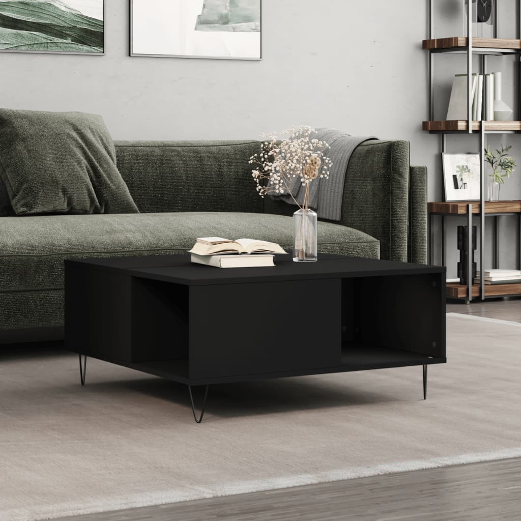 Table Basse Carrée Noir 80x80x36,5 Cm - Bois D'ingénierie Et Eucalyptus, Design Minimaliste Avec Rangement - Pour Salon, Chambre, Espace Contemporain