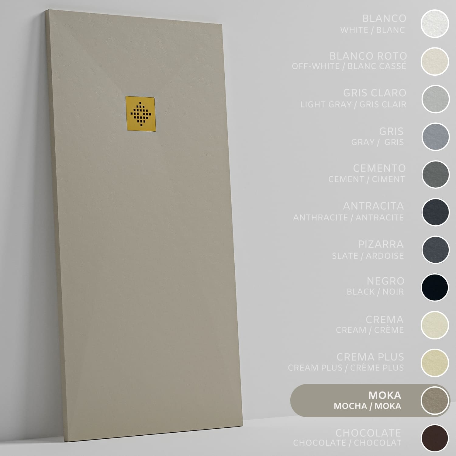 SOULHOME Brodzik prysznicowy– Żywica– Gel Coat– Gładka/Kamienna tekstura – Antypoślizgowy – Moka – 100X70- Niski 3 cm– Ruszt Złoty