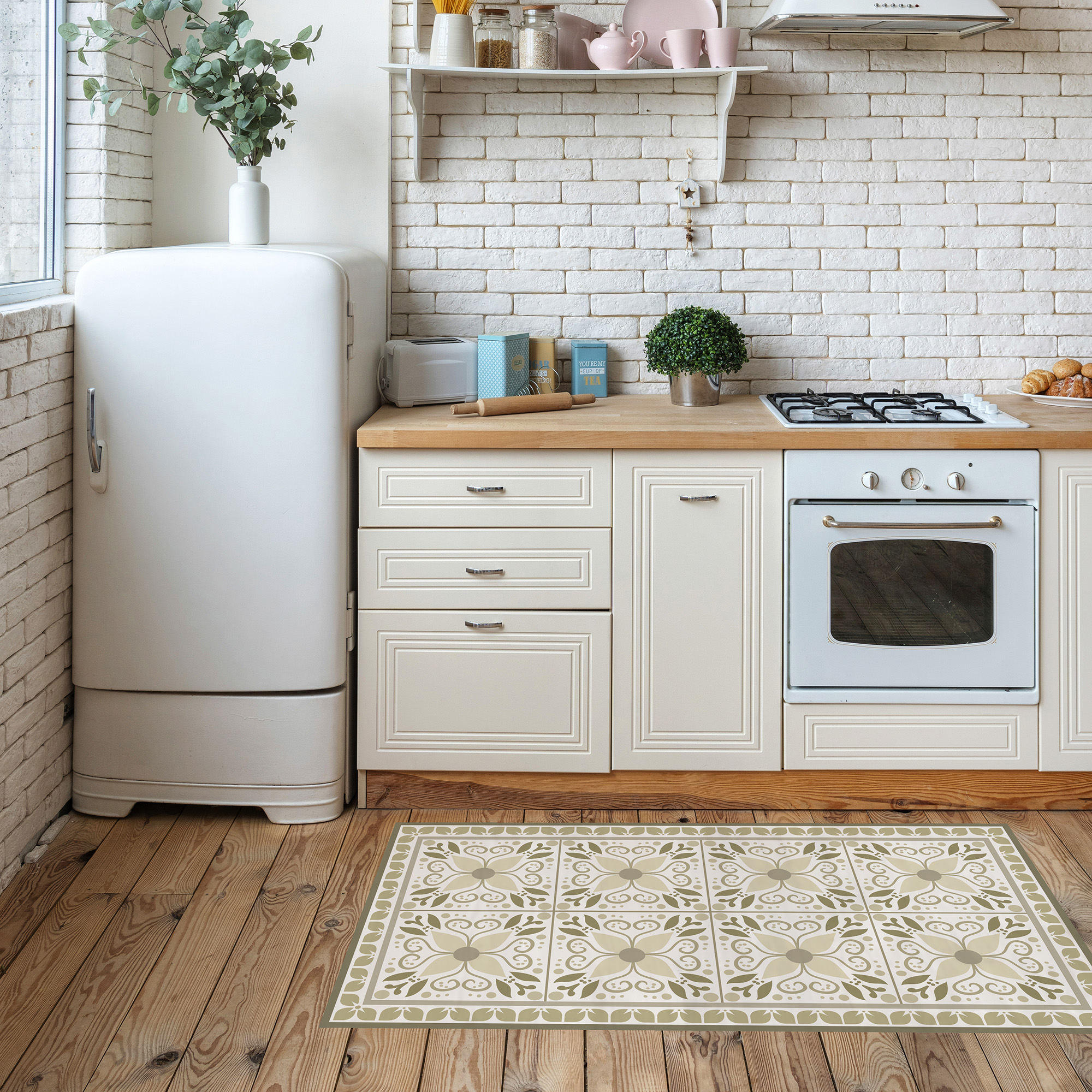 Alfombra vinílica antideslizante e irromplible, con tintas ecológicas. mod. de cocina llum verde 50x97