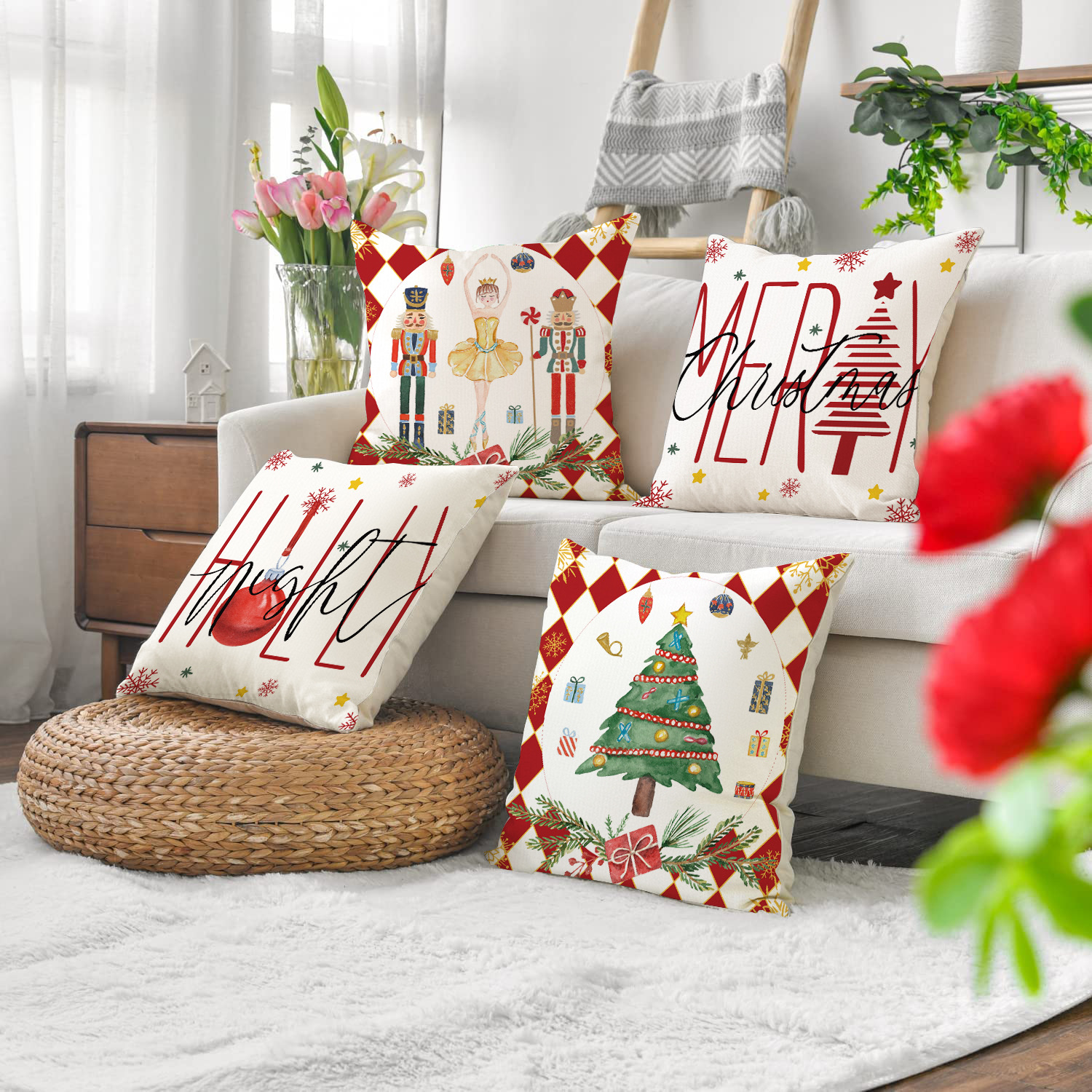 Set di 4 federe natalizie Schiaccianoci, decorazione da giardino, federe Merry Christmas in cotone e lino, 45 x 45 cm - 2