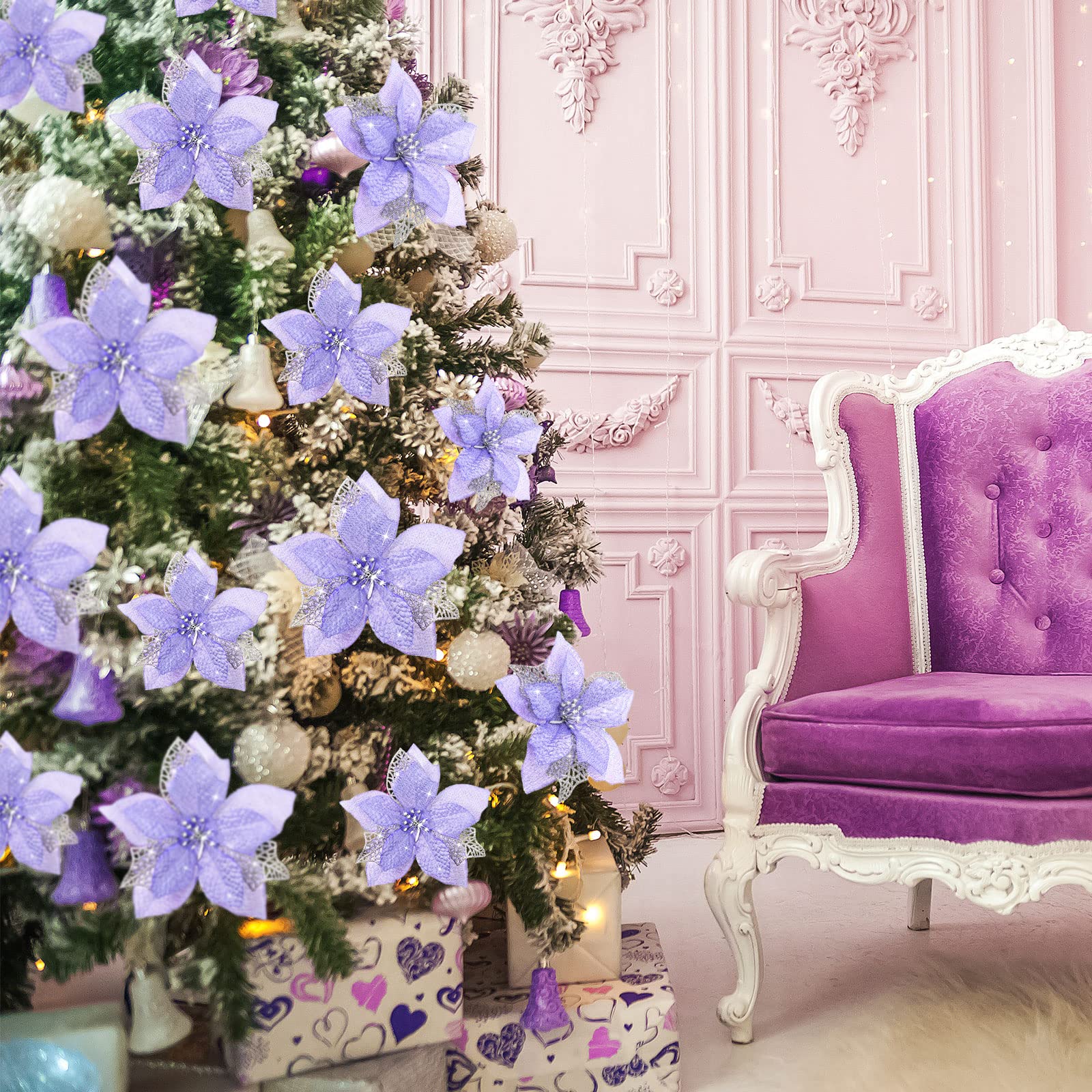 Lot de 10 décorations de Noël, fleurs artificielles scintillantes avec clips, décorations pour sapin de Noël, pendentifs de fleurs artificielles - 2