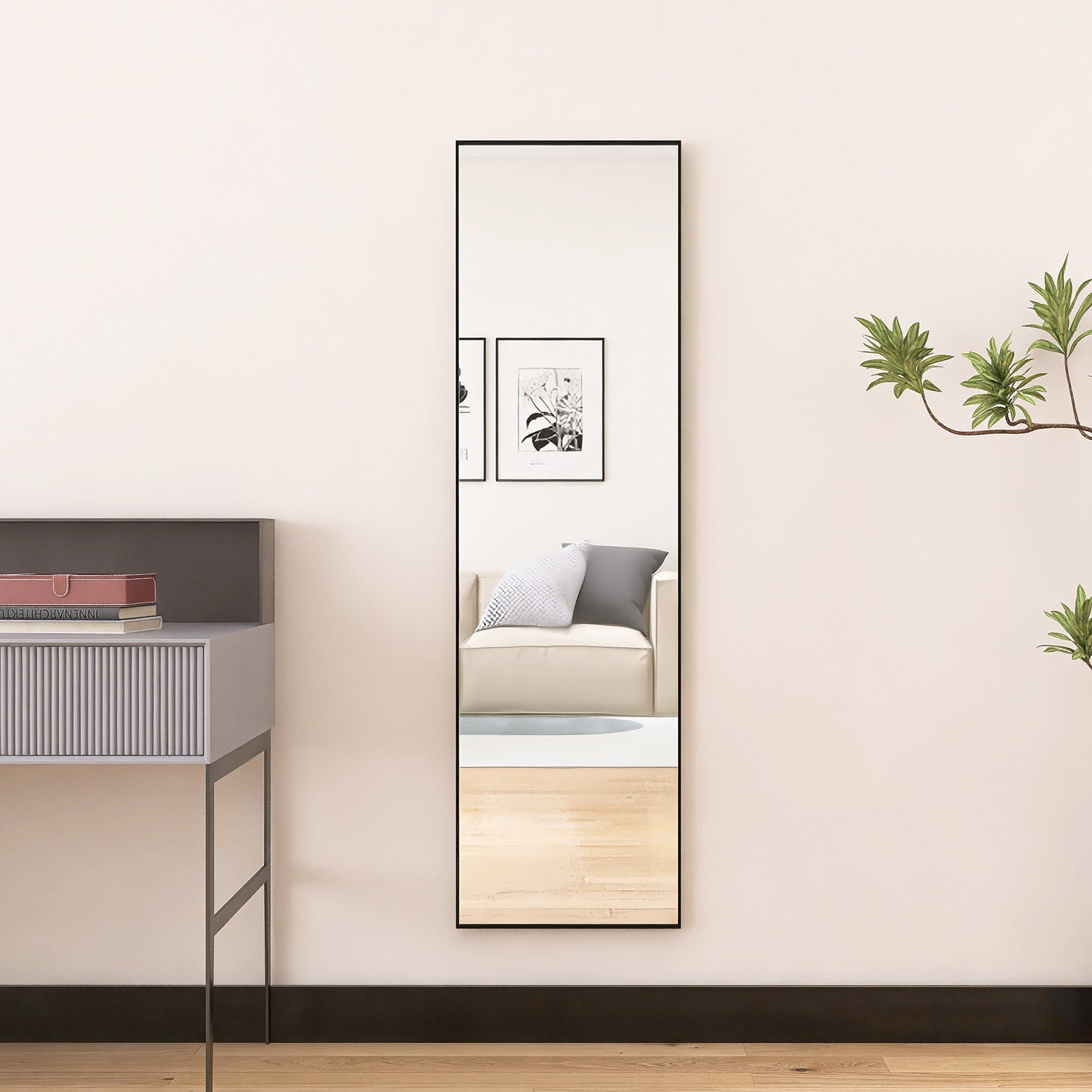 Specchio da terra 140x40 cm, cornice in alluminio nero, specchio da parete moderno da appoggiare o appendere - 2