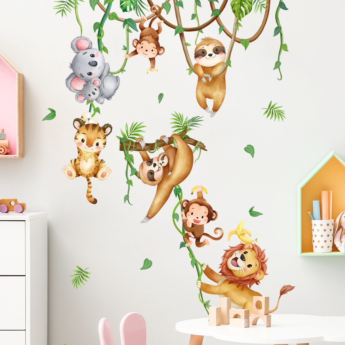 Stickers muraux animaux de la jungle, koala, lion, singe, paresseux, vigne, décoration murale pour chambre d'enfant, bébé, crèche, salon - 4