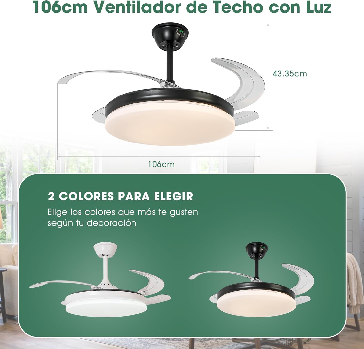 Parrot Uncle Ventilador de Techo con Luz y Aspas Retráctiles, 36W, Motor DC, Diámetro 106cm, Función Verano e Invierno, 6 Velocidades, Negro -Circulo - 8
