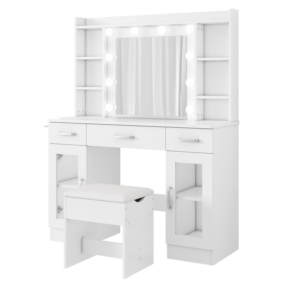 Coiffeuse blanche 110×40×145 cm avec miroir LED 10 lumières, hocker et support sèche-cheveux inclus - 6