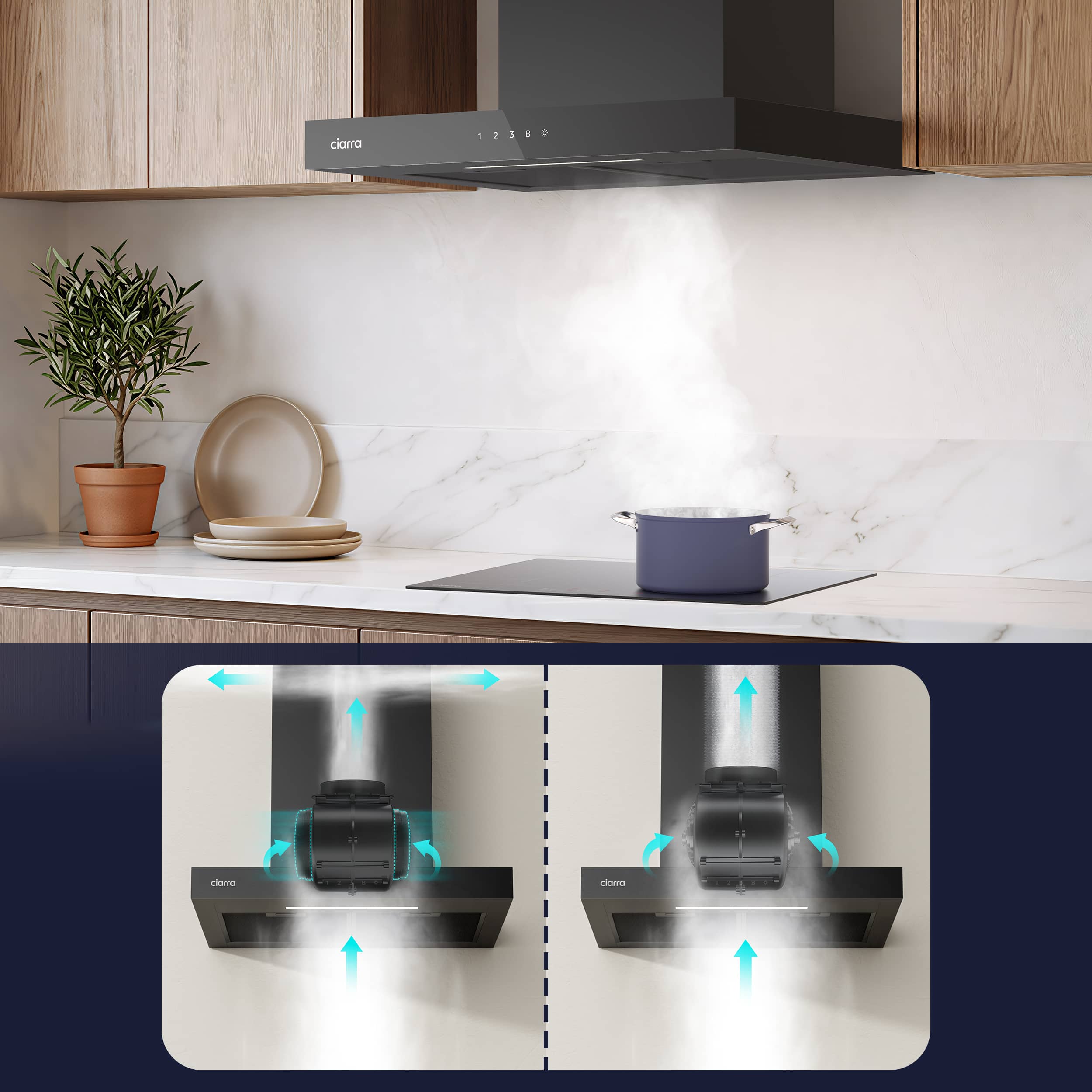 CIARRA Hotte Aspirante Murale 60 cm 706 m³/h Classe A+++ Commandes Tactiles WiFi 4 Vitesses Booster Silencieuse Noir CD6102B - 8