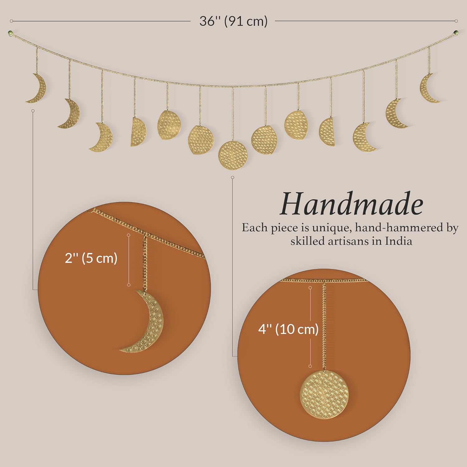 Décoration murale phase de lune, art mural doré pour chambre, style bohème, guirlande murale en métal de 91 cm (13 phases de la lune),or - 5