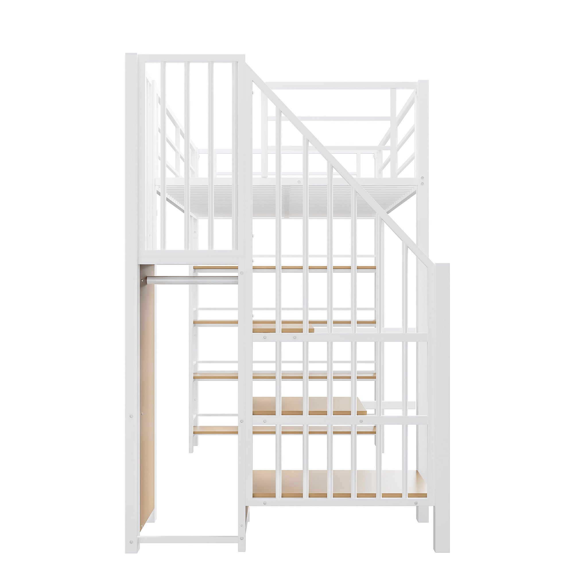 Letto a castello 90x200, con scaletta di sicurezza, spazio di archiviazione e piccolo armadio, ripiani, letto singolo, letto per ragazzi, bianco - 6