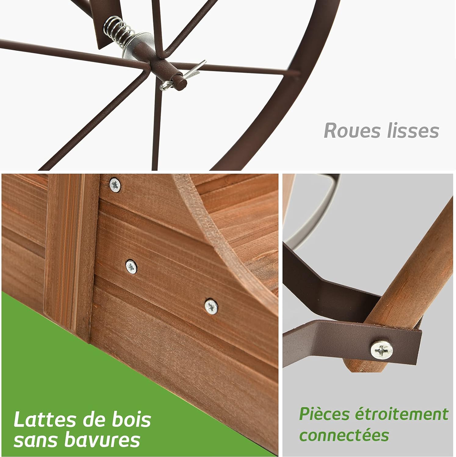 Brouette décorative en bois avec 2 compartiments à planter roues poignée charge 15kg marron - 5