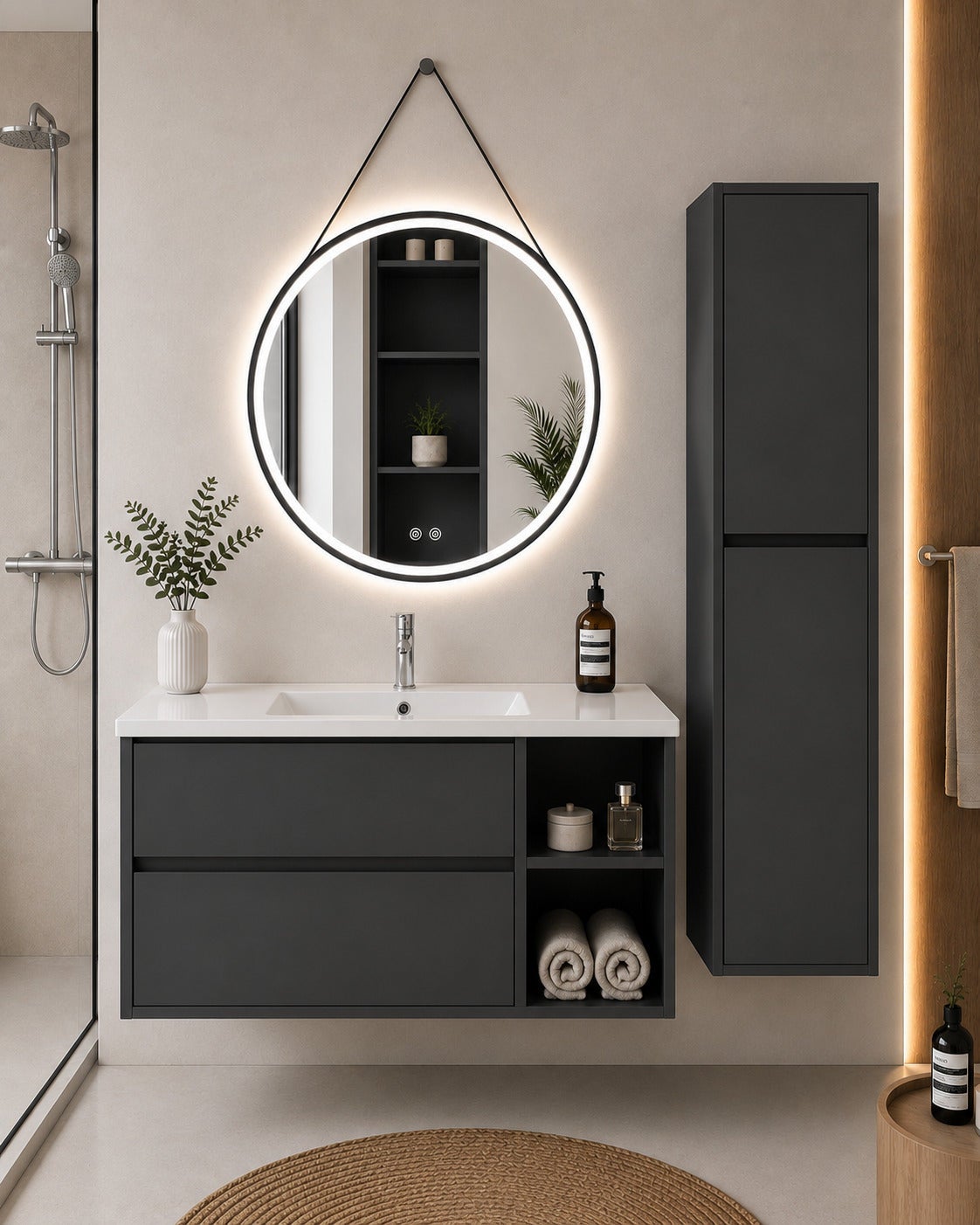 Mobilier de baie cu lavoar ORIGENBATH ZEUS fără oglindă 90x45 cm Dreapta Grafito cu coloană