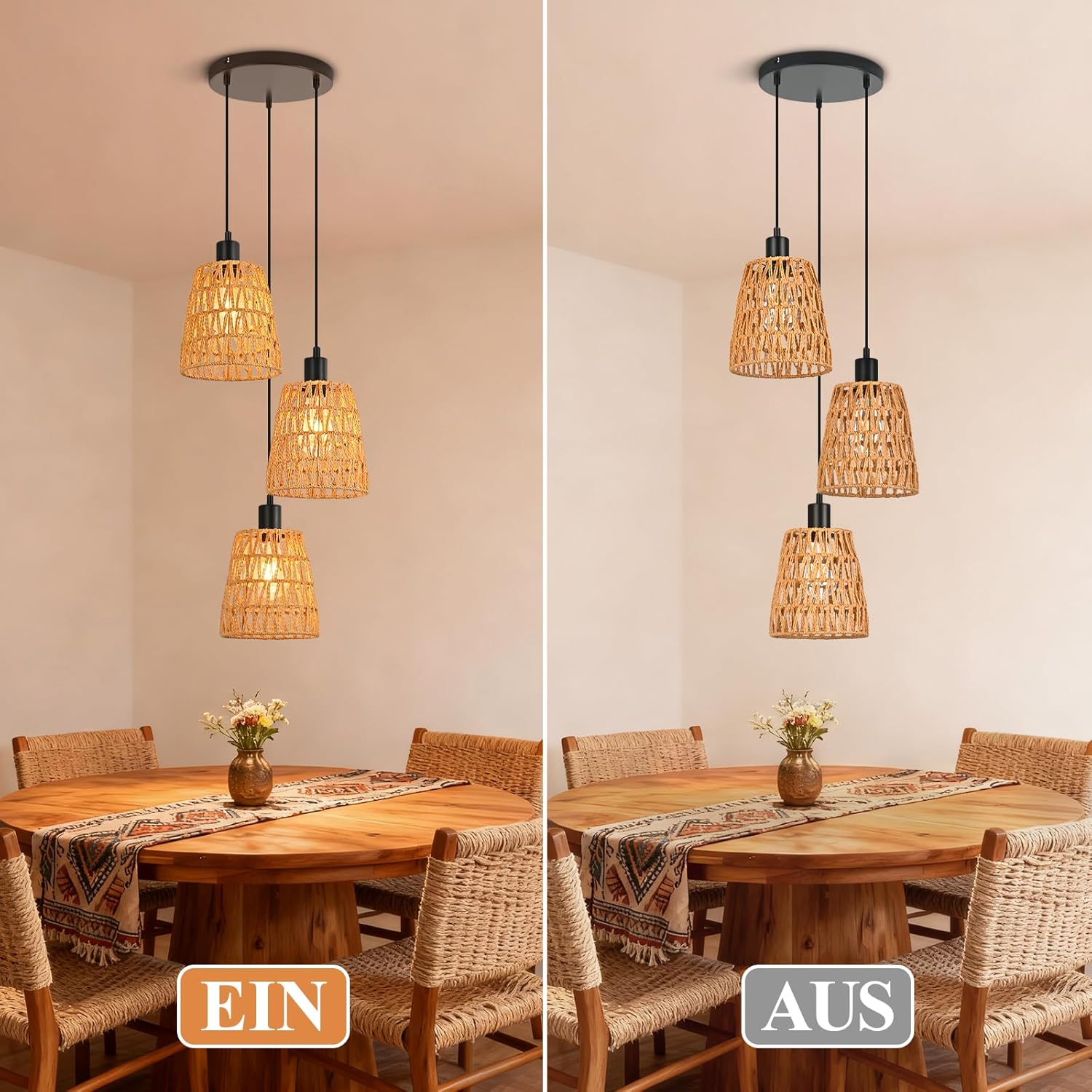 Lampa wisząca Nettlife Boho Rattan z 3 żarówkami – żyrandol z plecionej liny konopnej w stylu vintage, E27 (żarówki nie są dołączone) - 7