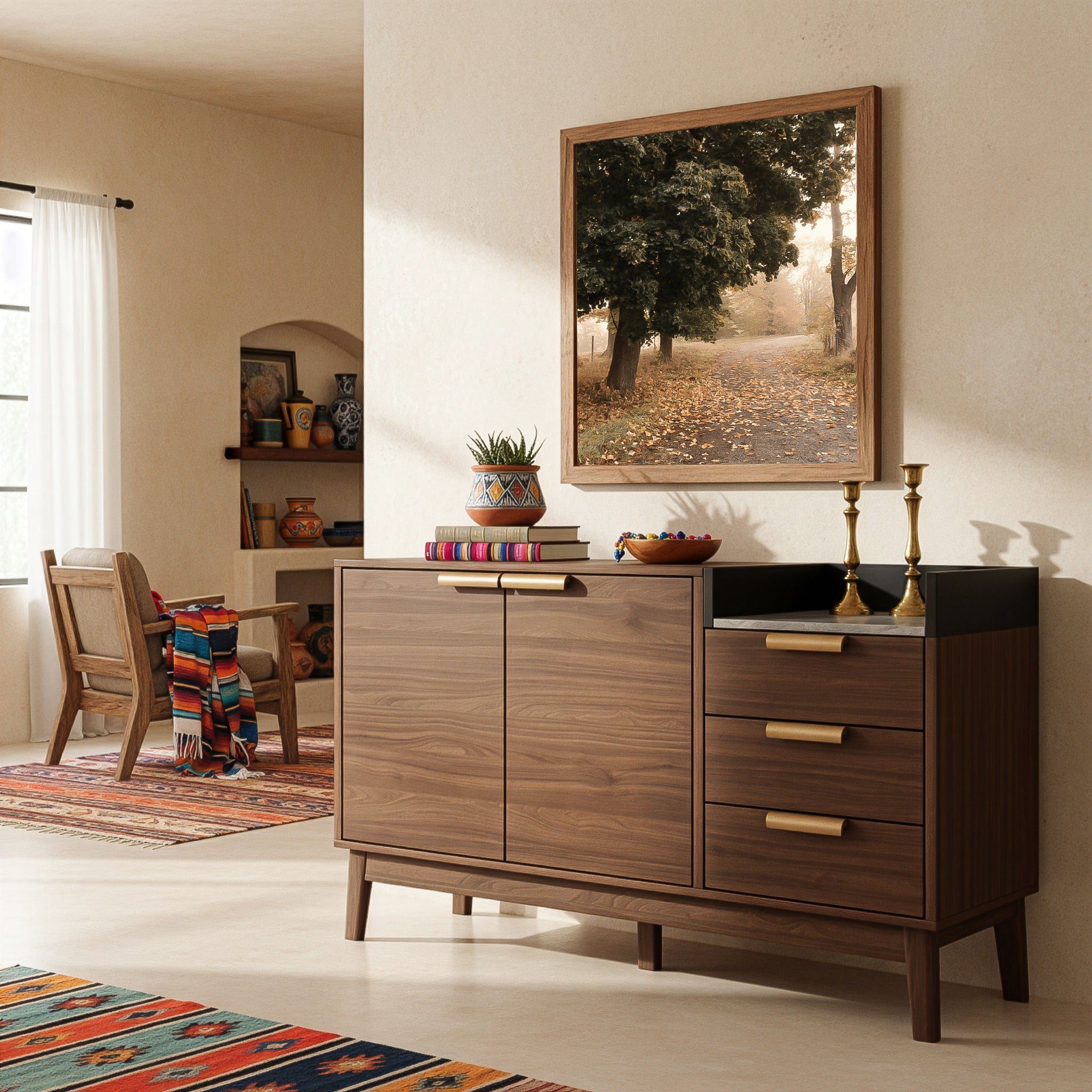 Komoda z 2 drzwiami, 3 szufladami i blatem imitującym marmur - 120 x 40 x 77 cm - MDF + lite drewno - Ciemny dąb - 4
