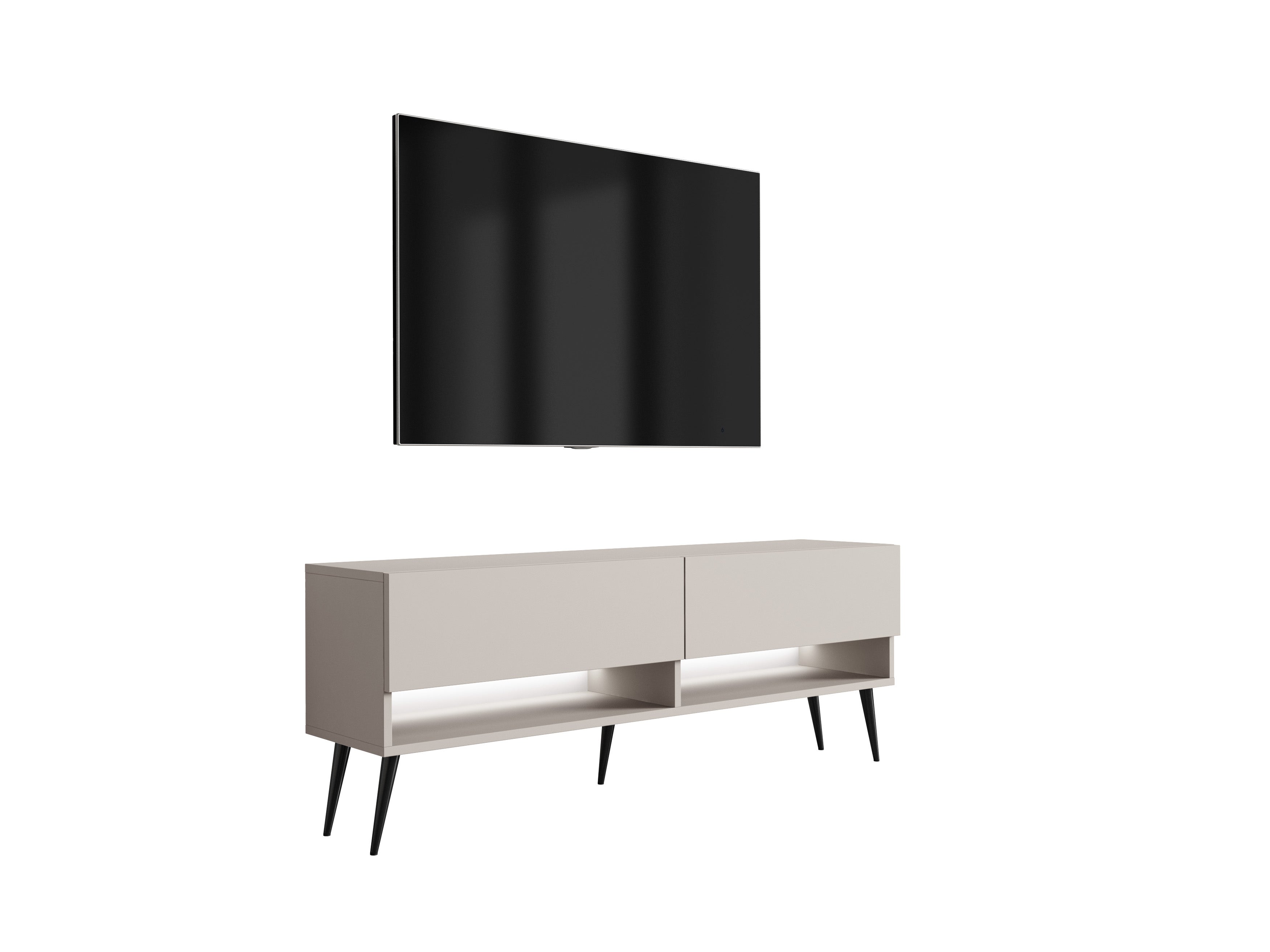 Szafka RTV : 140 cm Kaszmir, nóżki pochyłe czarne, LED biały, 140 × 32 × 52 cm