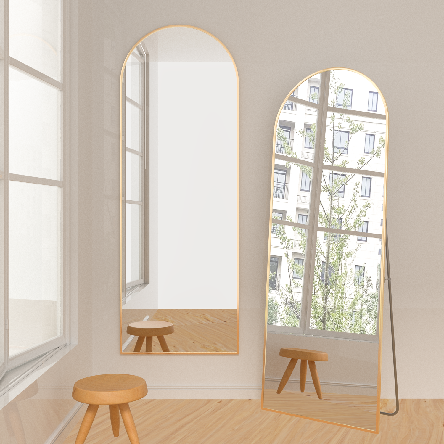 Grande specchio ad arco, a figura intera, da pavimento o da parete, per camera da letto, con cornice in alluminio, per spogliatoio, dorato - 3