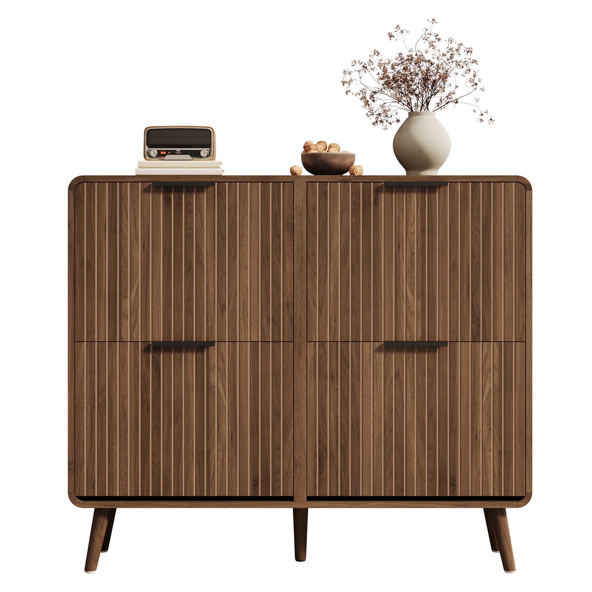 Meuble à chaussures avec 4 portes rabattables - 105 x 24 x 90 cm - Contenir 18 à 24 paires - MDF - Noyer - 2
