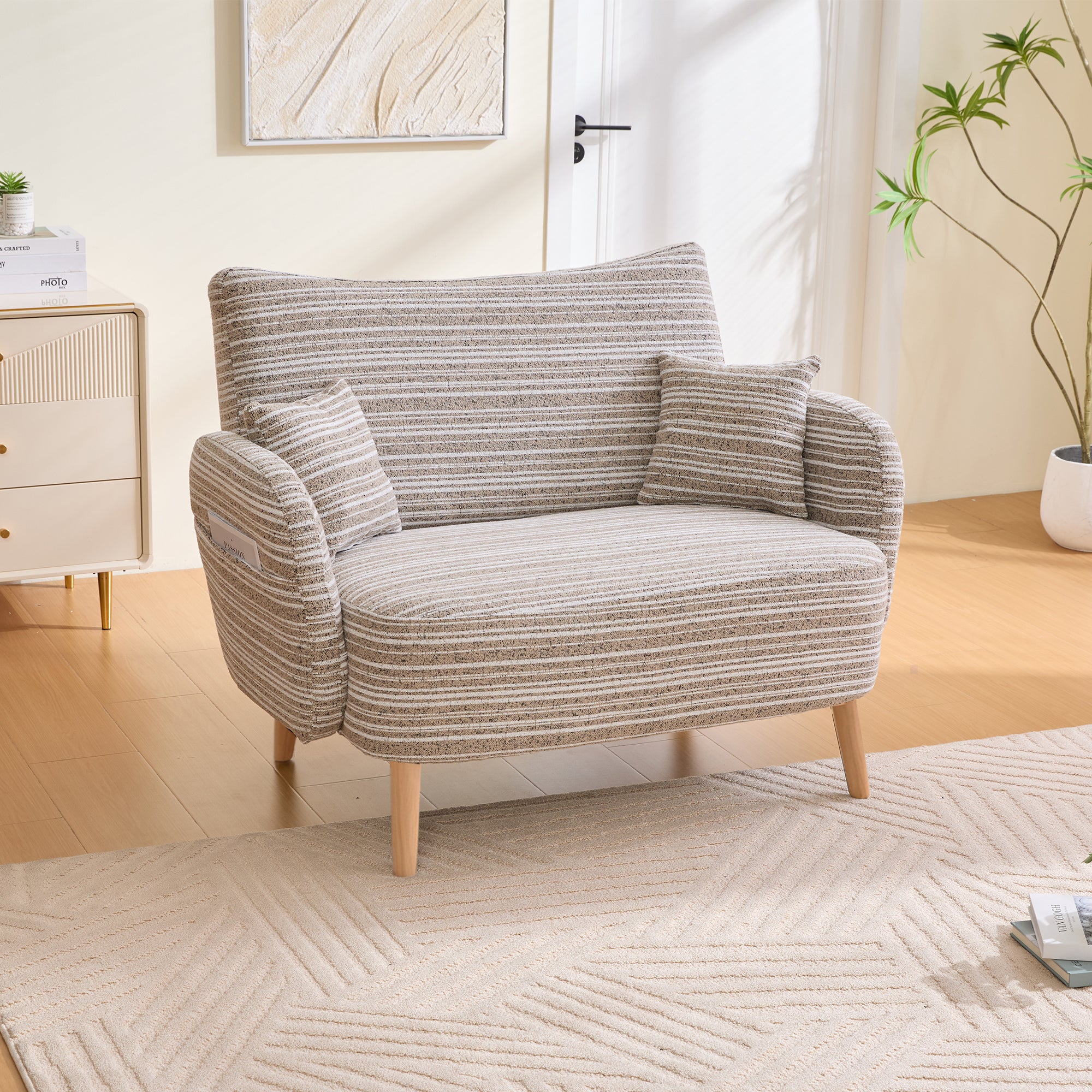 Canapé 2 places moderne avec poches de rangement, petit sofa profond avec accoudoirs rembourrés pour appartement et chambre, canapé droit chic, Beige - 2