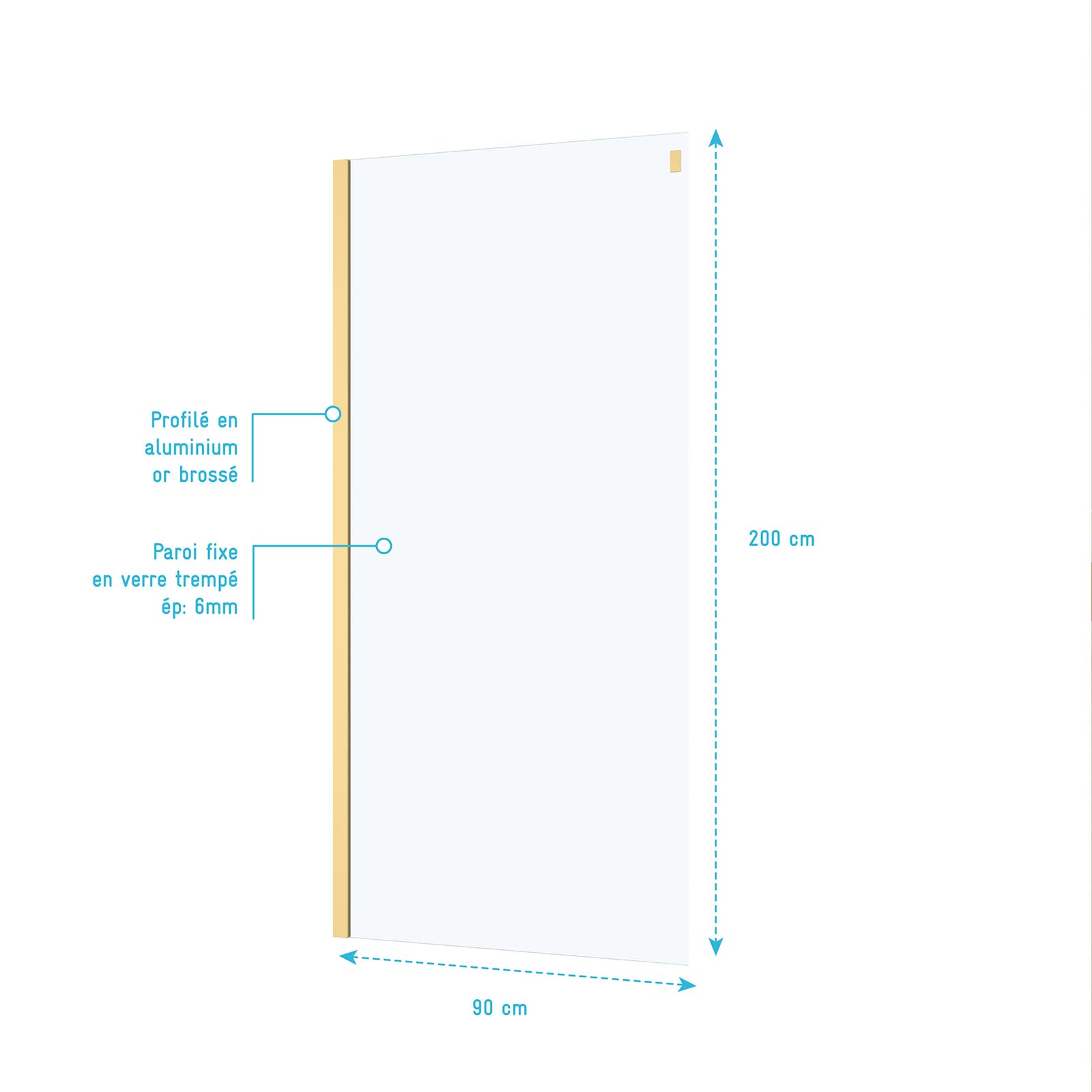 Mampara Lateral fija 90x200cm - Oro Dorado Cepillado - Vidrio Templado 6mm - 4