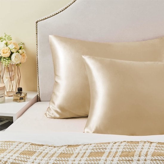 Taie d'oreiller en satin (2 pièces) - Oreiller doux et soyeux - Fermeture portefeuille - Anti-acariens et hypoallergénique - 51 x 76 cm - Beige - 3