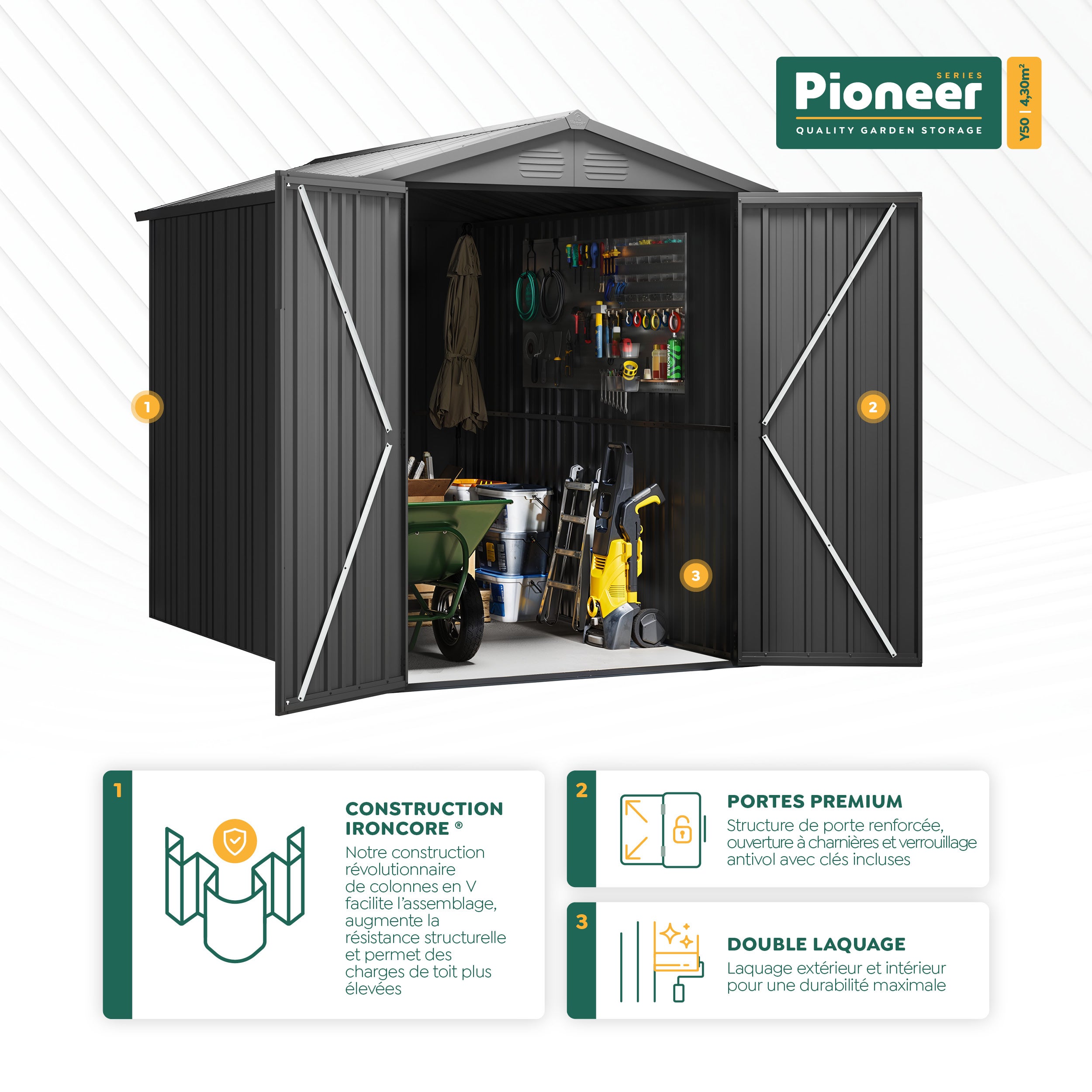 Abri de jardin métal 4,30m2 Pioneer Y50 - Structure autoportante - Portes renforcées - Serrure avec clé incluse - Piliers en V - Cabane extérieur - 3