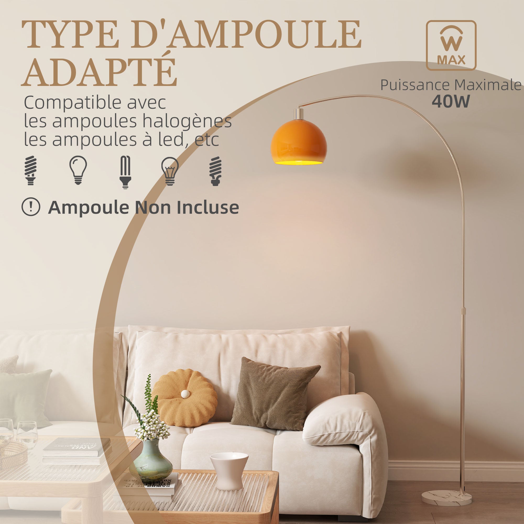 Lampadaire sur pied salon - HOMCOM - abat-jour minimaliste à haut mât et interrupteur à pied - métal - 26 x 90 x 180 cm - orange - 6