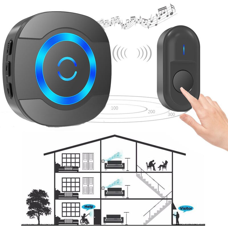 Sonnette de Porte sans Fil 300M IP55 Étanche Carillon Electronique avec Récepteur Enfichable pour la Maison 55 Mélodies LED Noir - 5