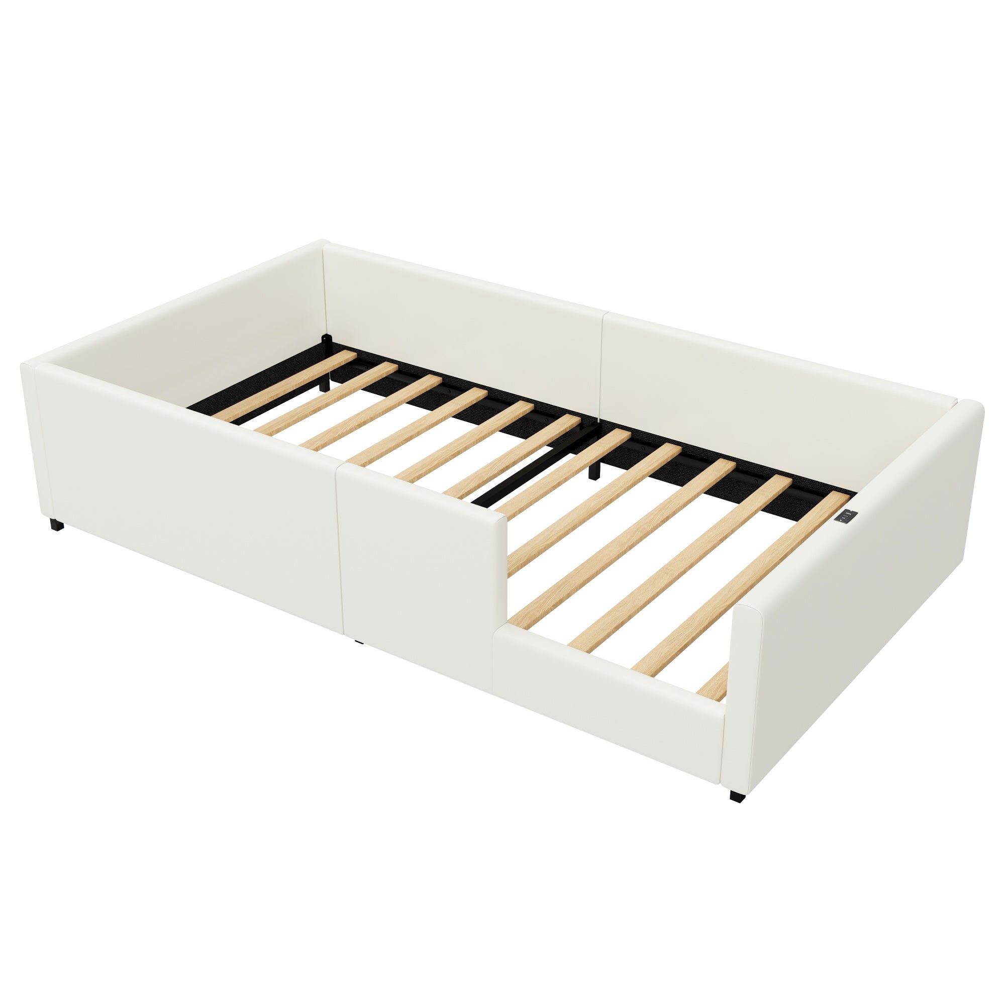 Tapicerowane łóżko pojedyncze 90 x 200 cm - z barierkami zabezpieczającymi - z portami USB i USB-C - płyta MDF + PU - kolor biały