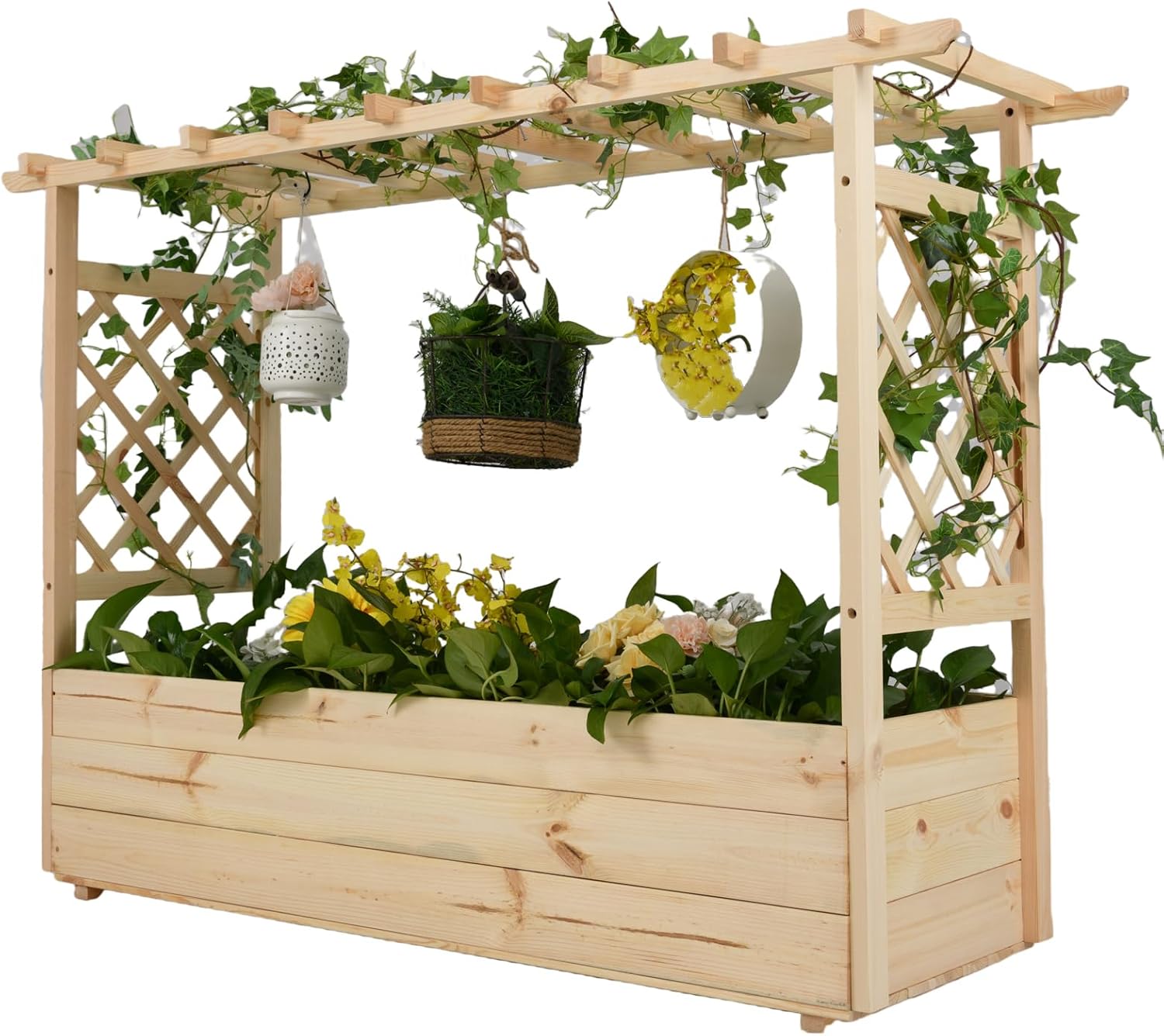 Podwyższona Skrzynka Roślinna z Treliśem z Drewna Litego, Wiszący Dach dla Winorośli, dla Warzyw, Owoców i Kwiatów, Zewnątrz/Wewnątrz (148x50x103cm)
