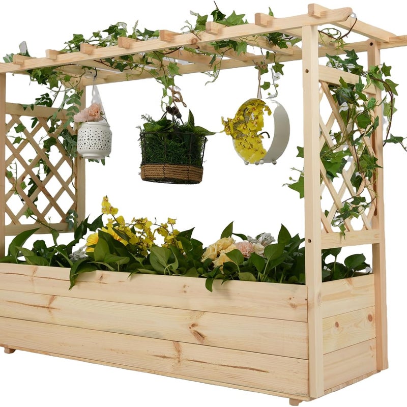 Podwyższona Skrzynka Roślinna z Treliśem z Drewna Litego, Wiszący Dach dla Winorośli, dla Warzyw, Owoców i Kwiatów, Zewnątrz/Wewnątrz (148x50x103cm)