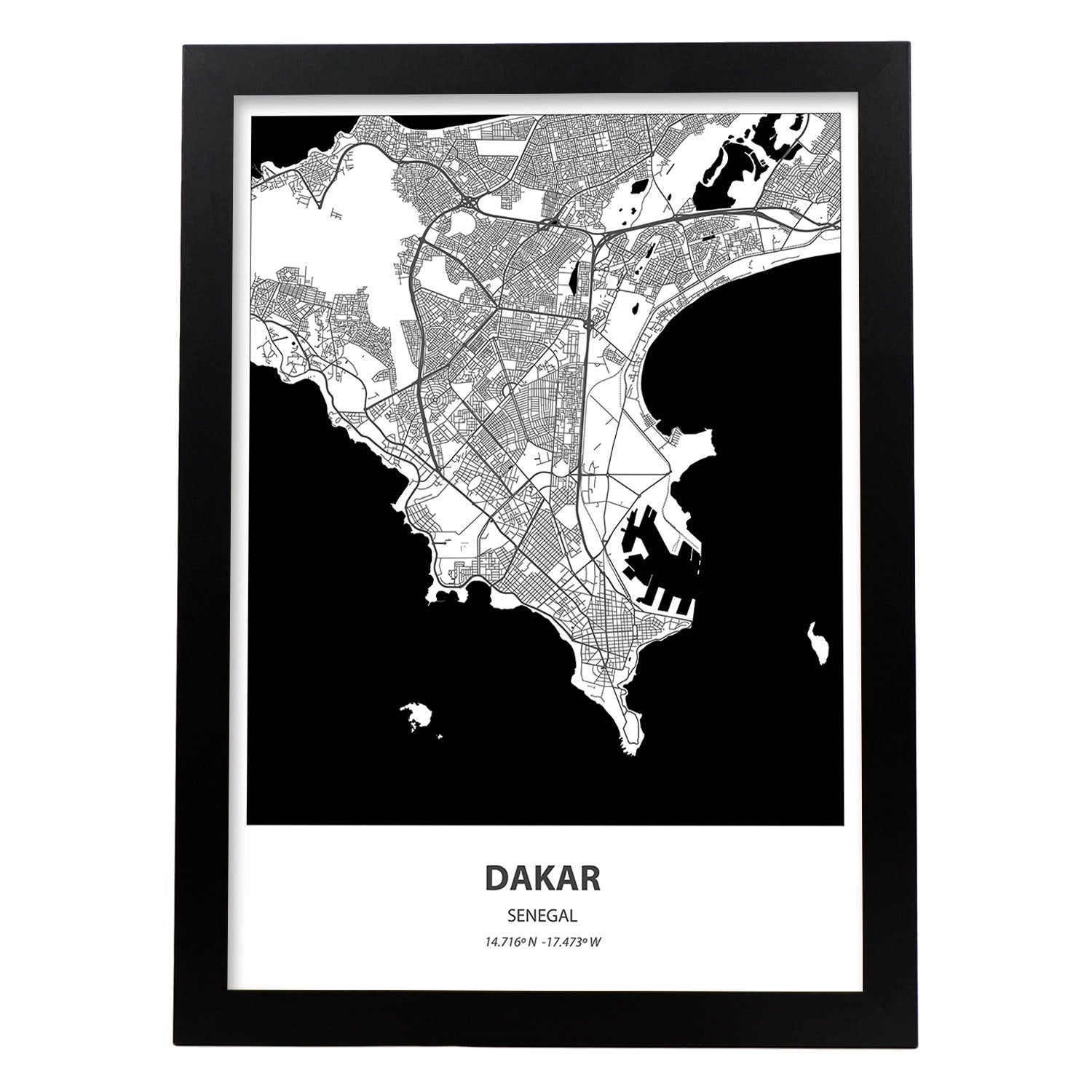 Poster con mapa de dakar senegal. láminas de ciudades de africa con mares y rios en color negro. sin marco - a3