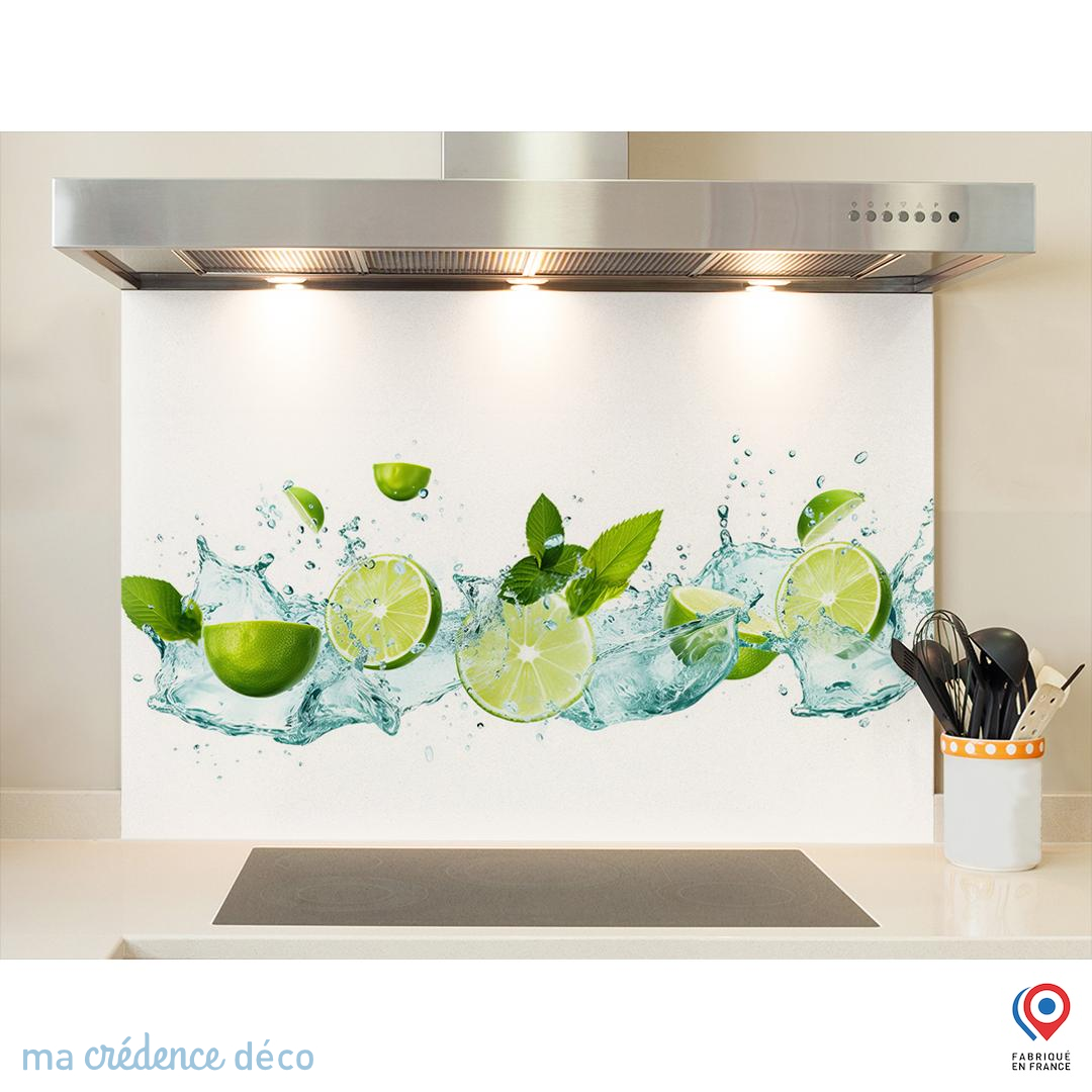 Panneau De Crédence De Cuisine En Verre - 125x50 Cm - Motif Citron Vert/Lime/Eau - Moderne - Marque Tulup