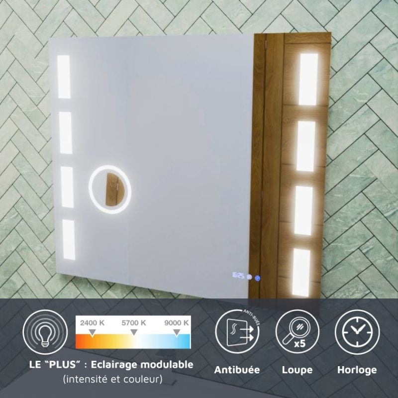 Miroir LED réglable EXCELL PLUS - 80 x 70 cm avec antibuée, loupe et horloge - 2