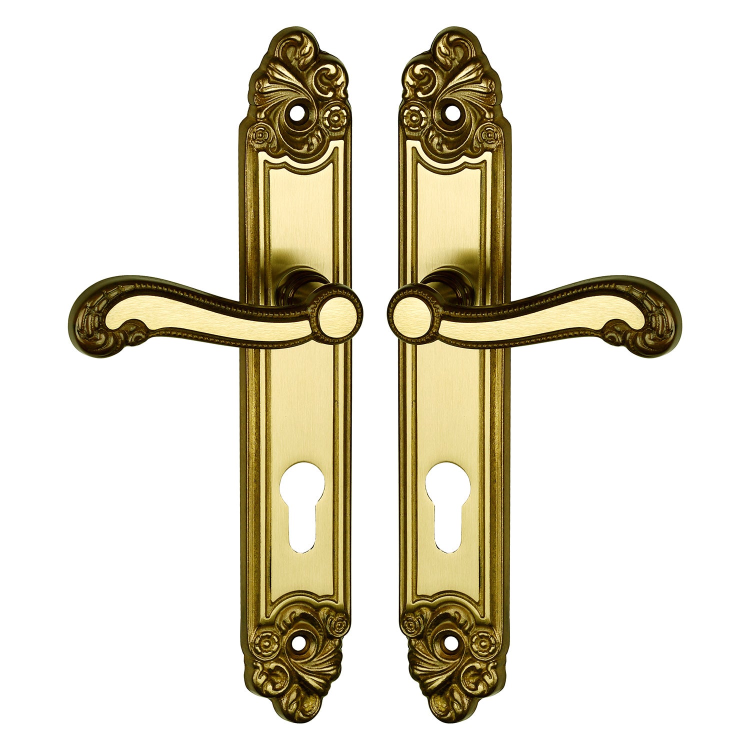 2 poignées de porte LOUIS XV trou de Cylindre, Zamak doré patiné entraxe 195 mm, entrée bureau garage - 3