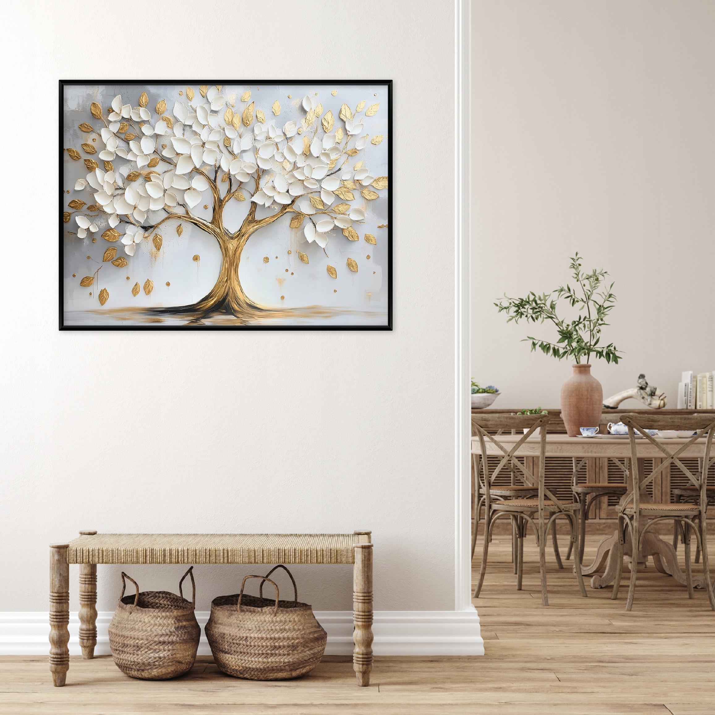 Quadro em tela com moldura representando uma árvore abstrata bege - 120x80 cm - Ideal para quarto e sala de estar. - 2